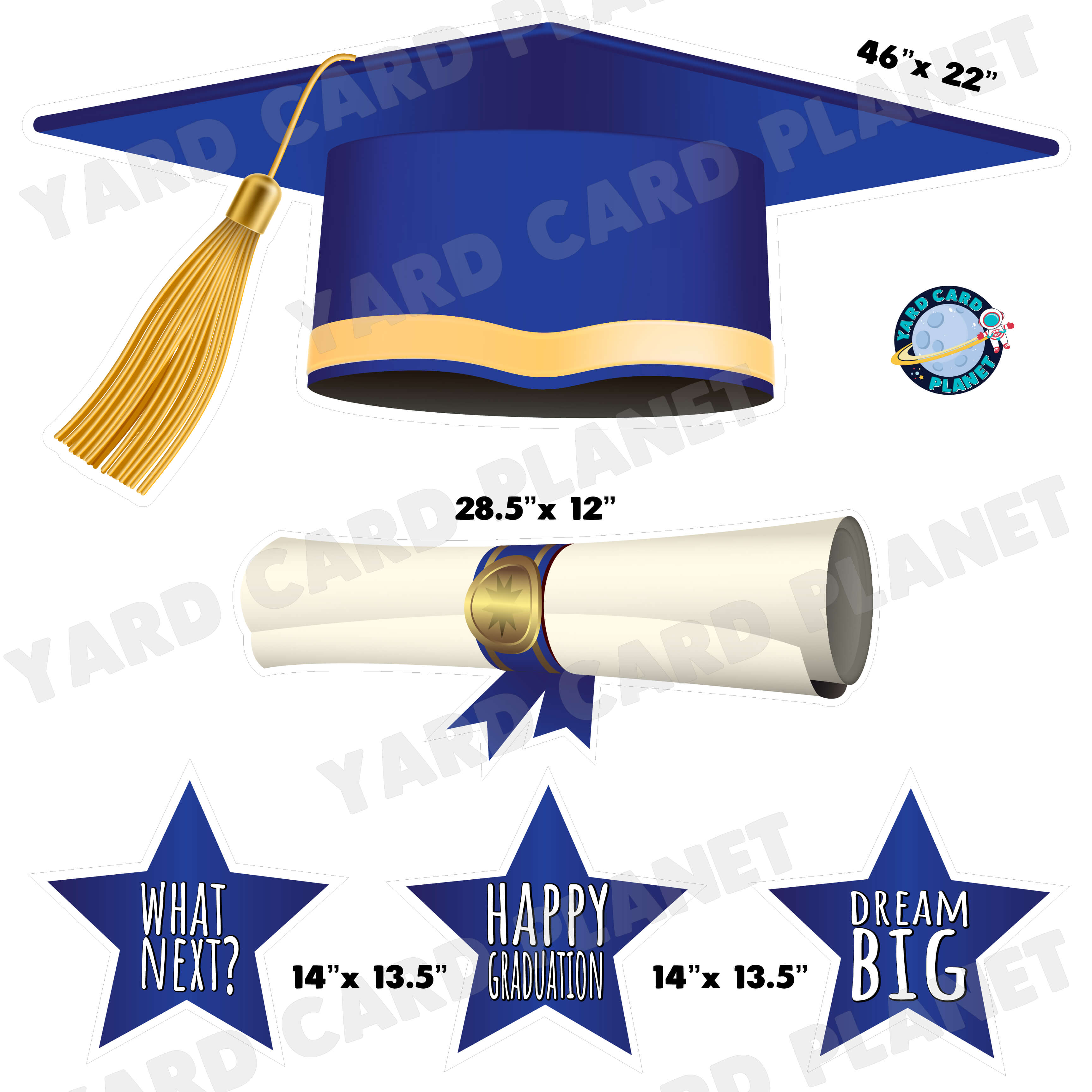 Extra Large Blue Graduation Cap, Diploma and Signs Half Sheet Yard Card Flair Set