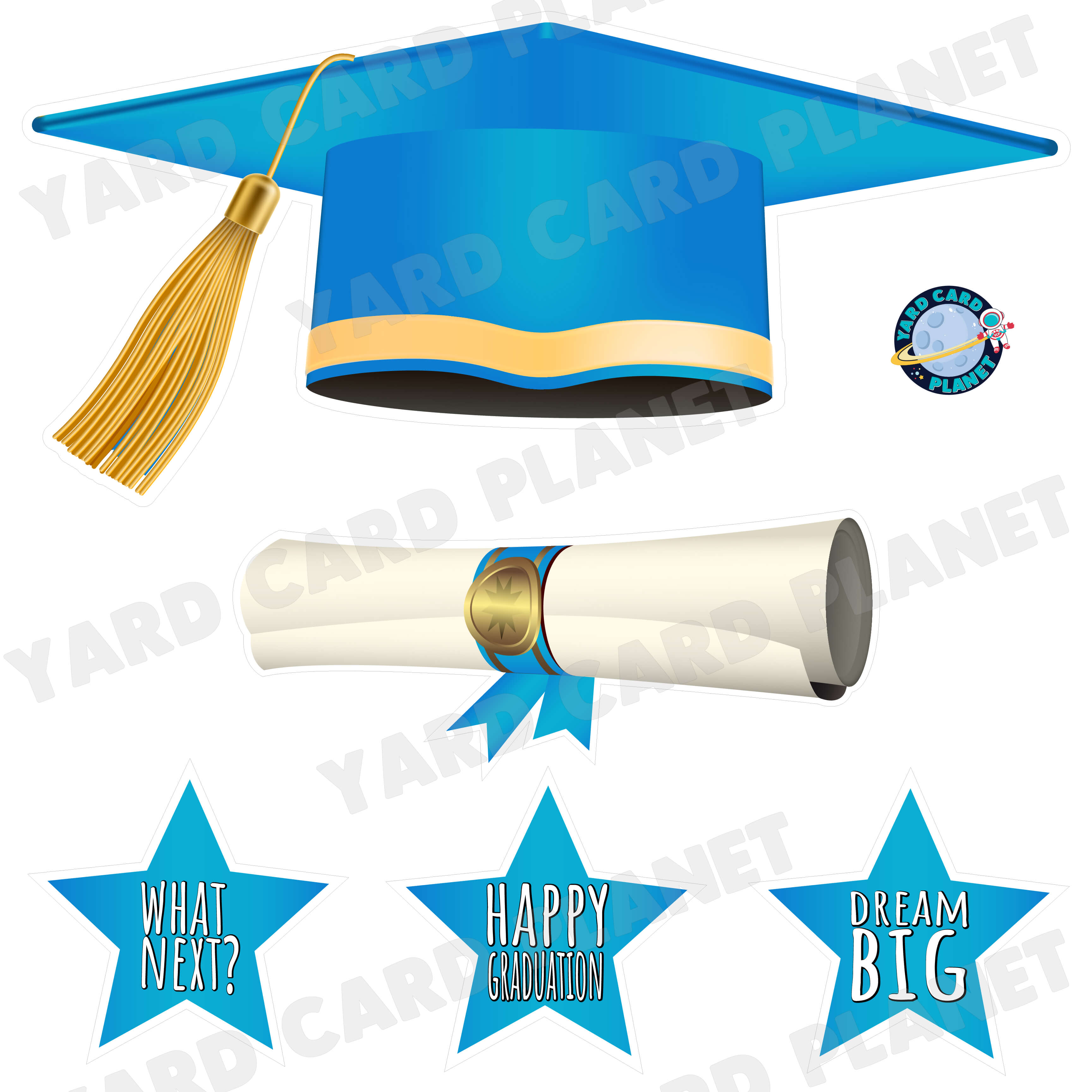 Extra Large Light Blue Graduation Cap, Diploma and Signs Half Sheet Yard Card Flair Set