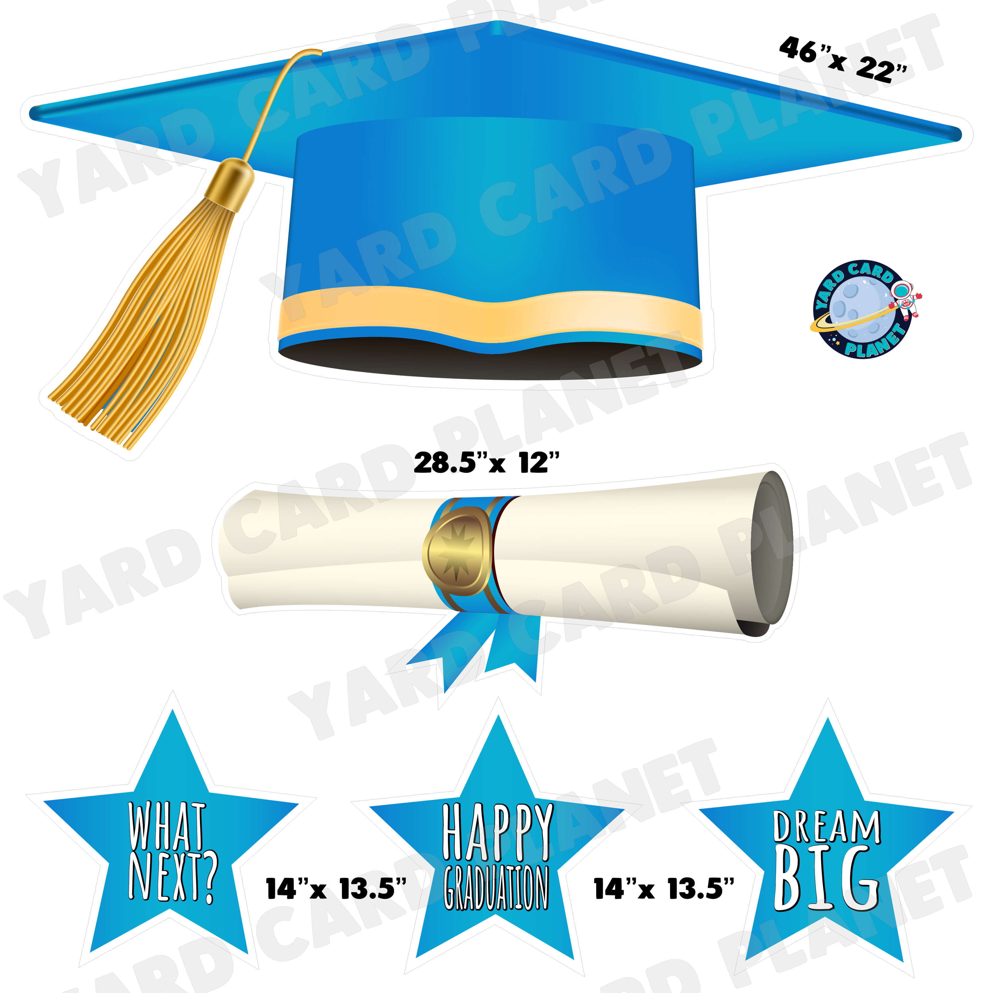 Extra Large Light Blue Graduation Cap, Diploma and Signs Half Sheet Yard Card Flair Set