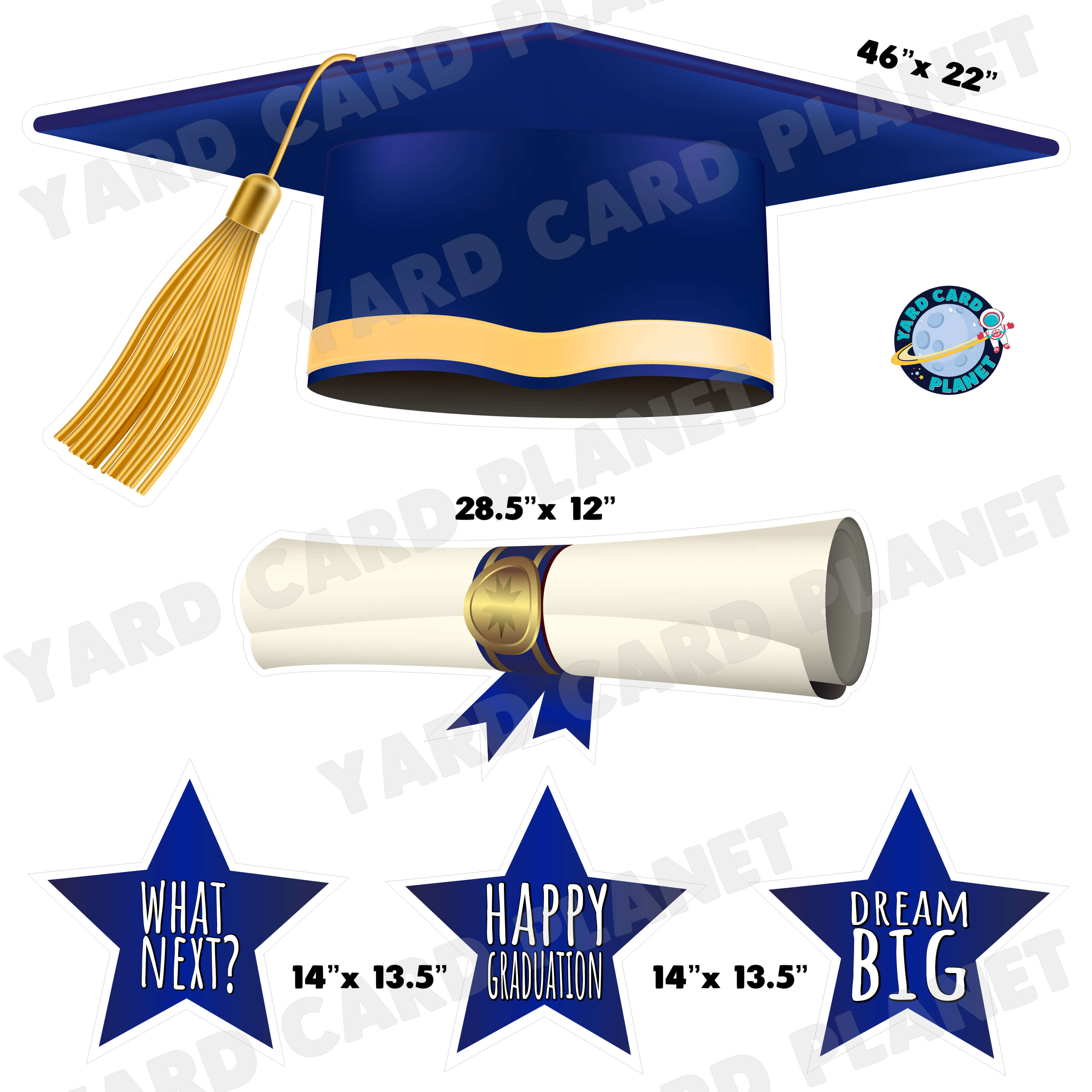 Extra Large Navy Blue Graduation Cap, Diploma and Signs Half Sheet Yard Card Flair Set