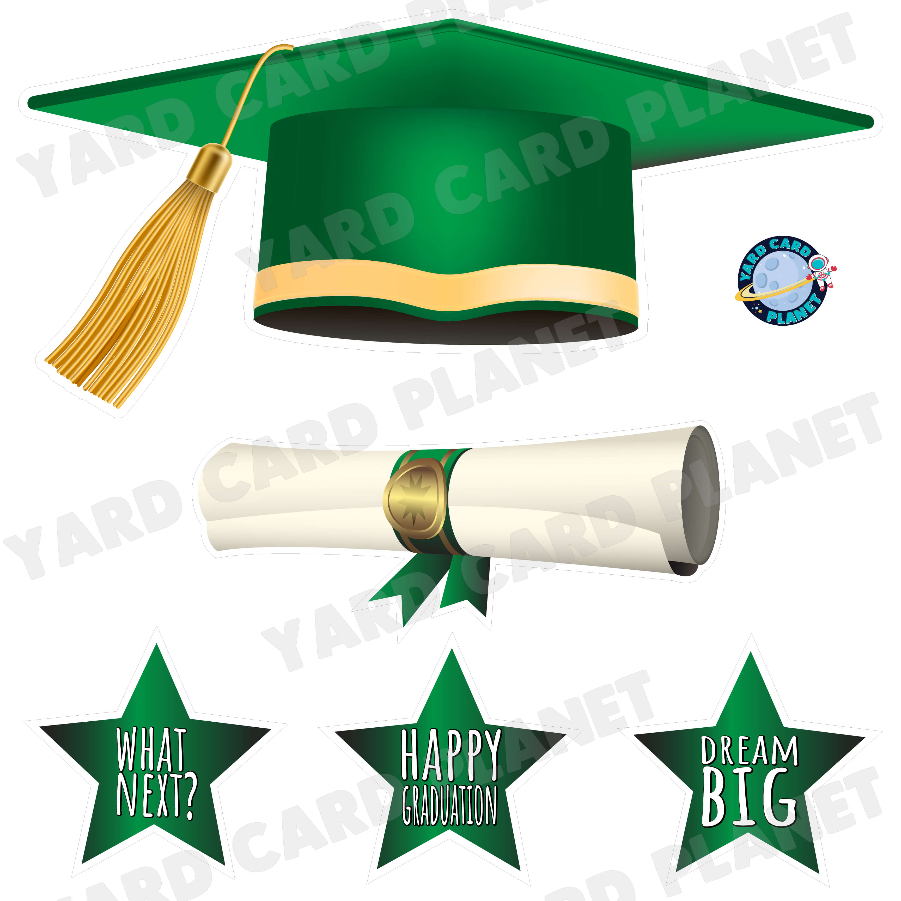 Extra Large Green Graduation Cap, Diploma and Signs Half Sheet Yard Card Flair Set