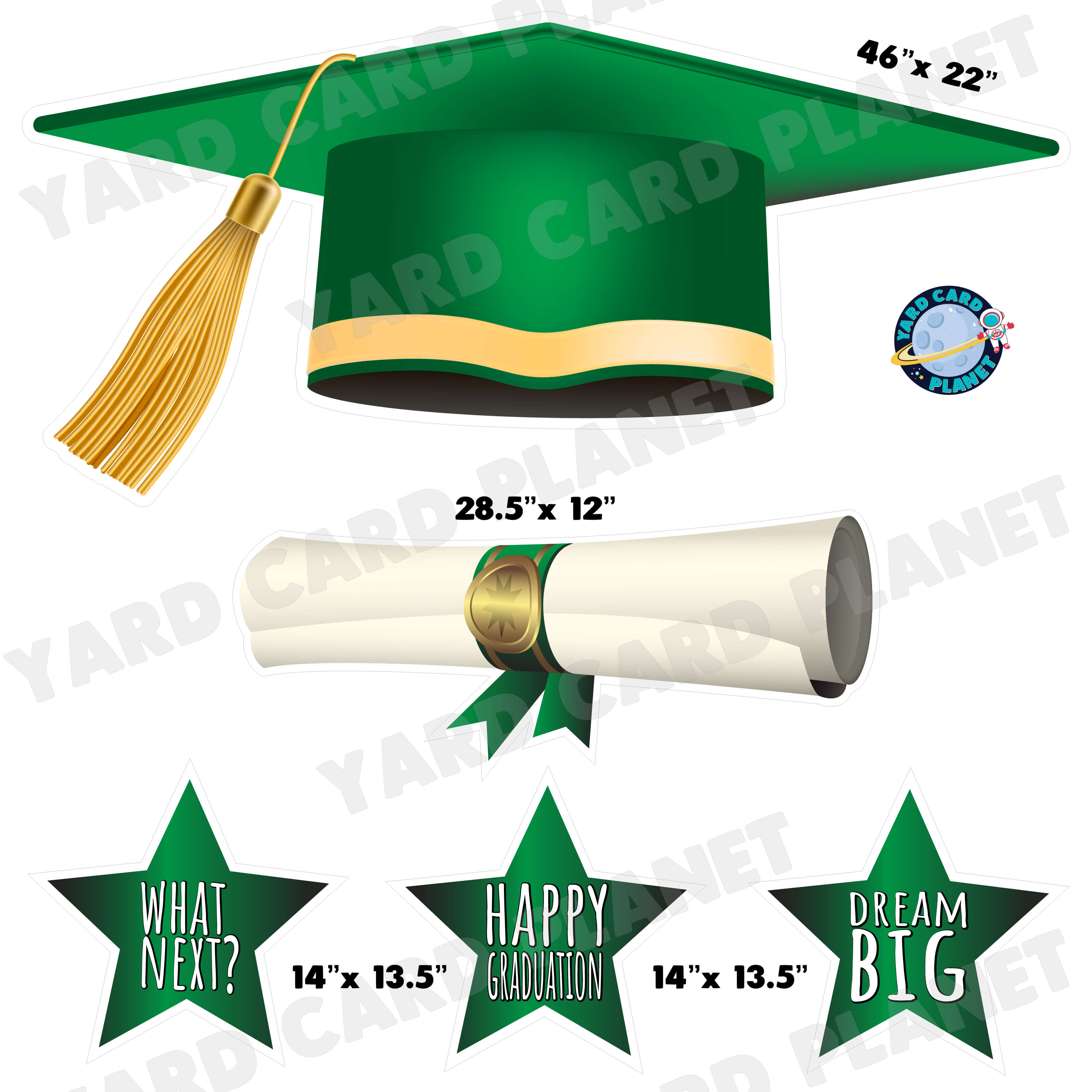 Extra Large Green Graduation Cap, Diploma and Signs Half Sheet Yard Card Flair Set