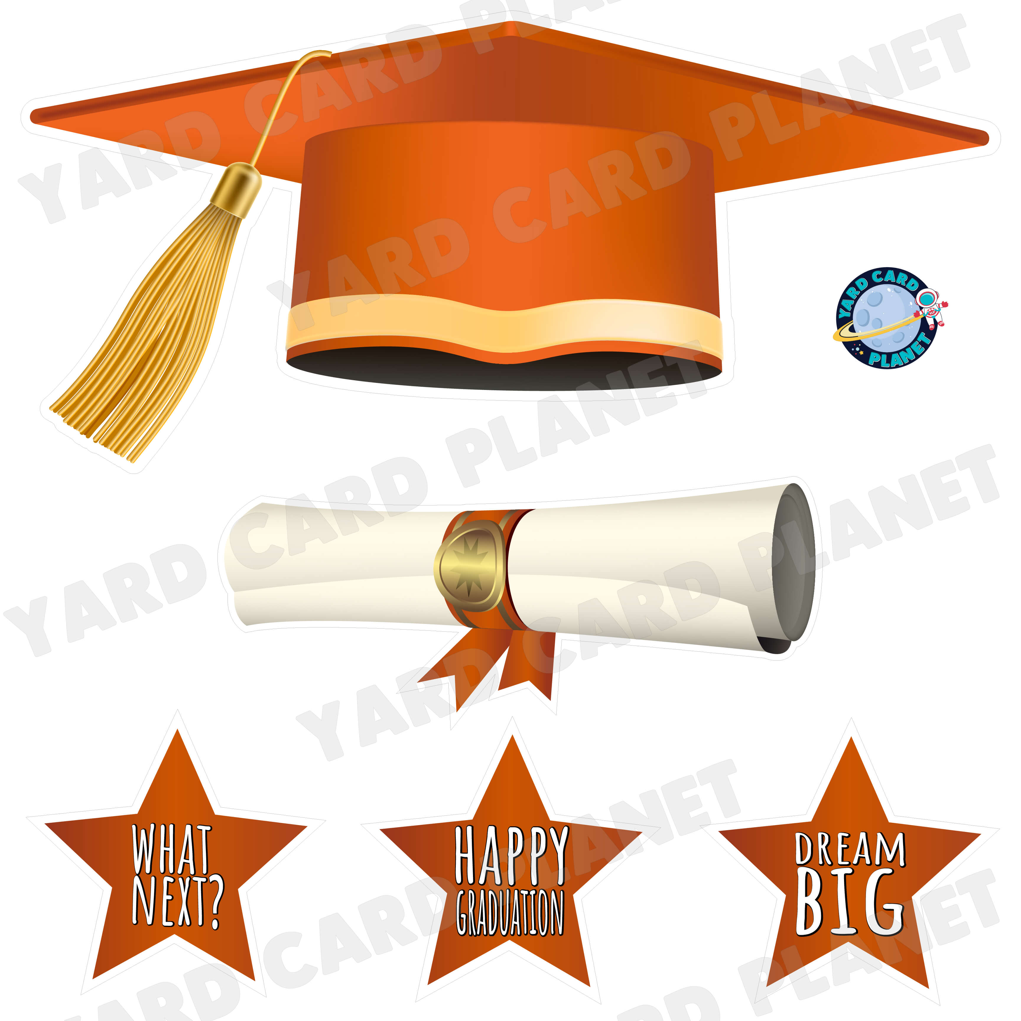 Extra Large Orange Graduation Cap, Diploma and Signs Half Sheet Yard Card Flair Set