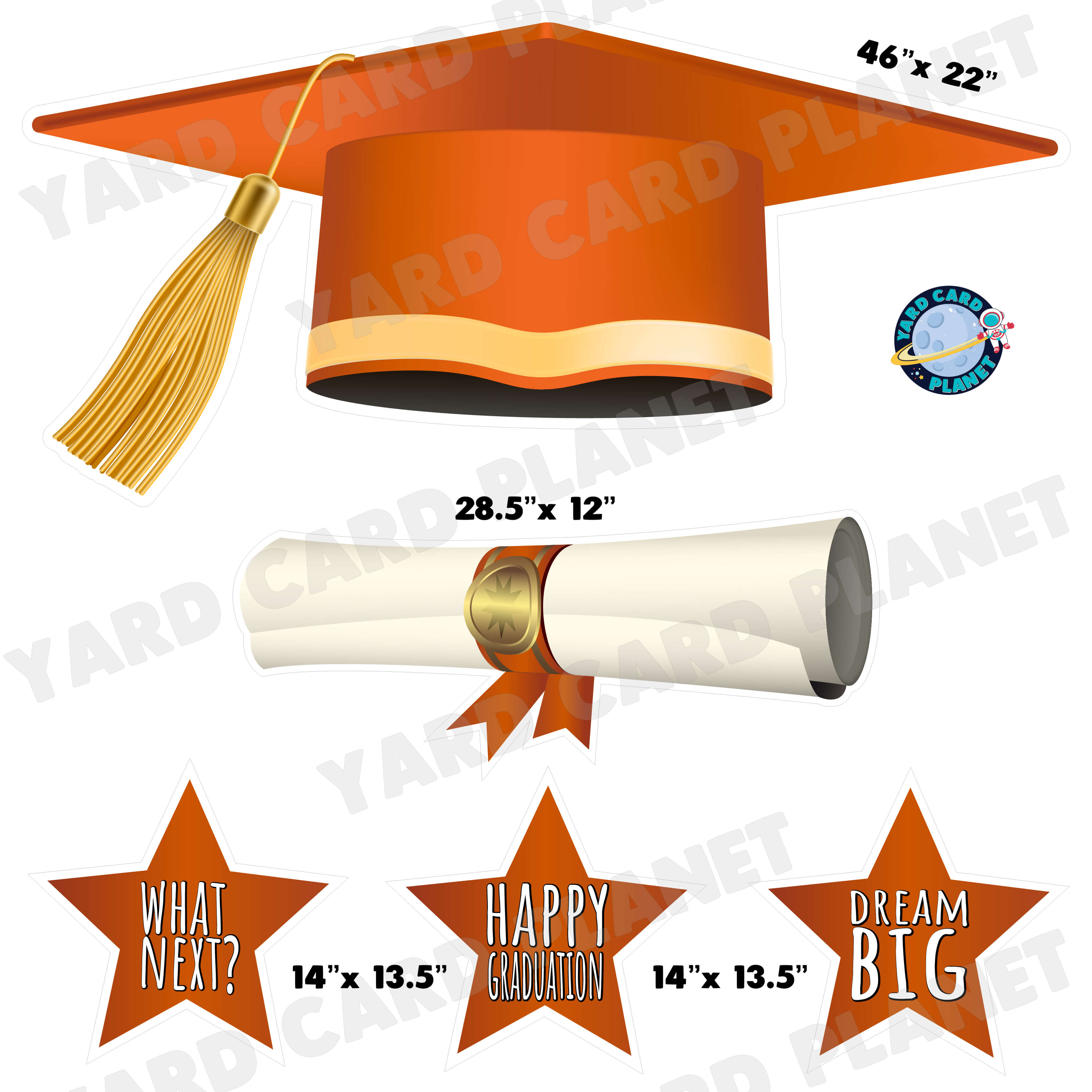 Extra Large Orange Graduation Cap, Diploma and Signs Half Sheet Yard Card Flair Set