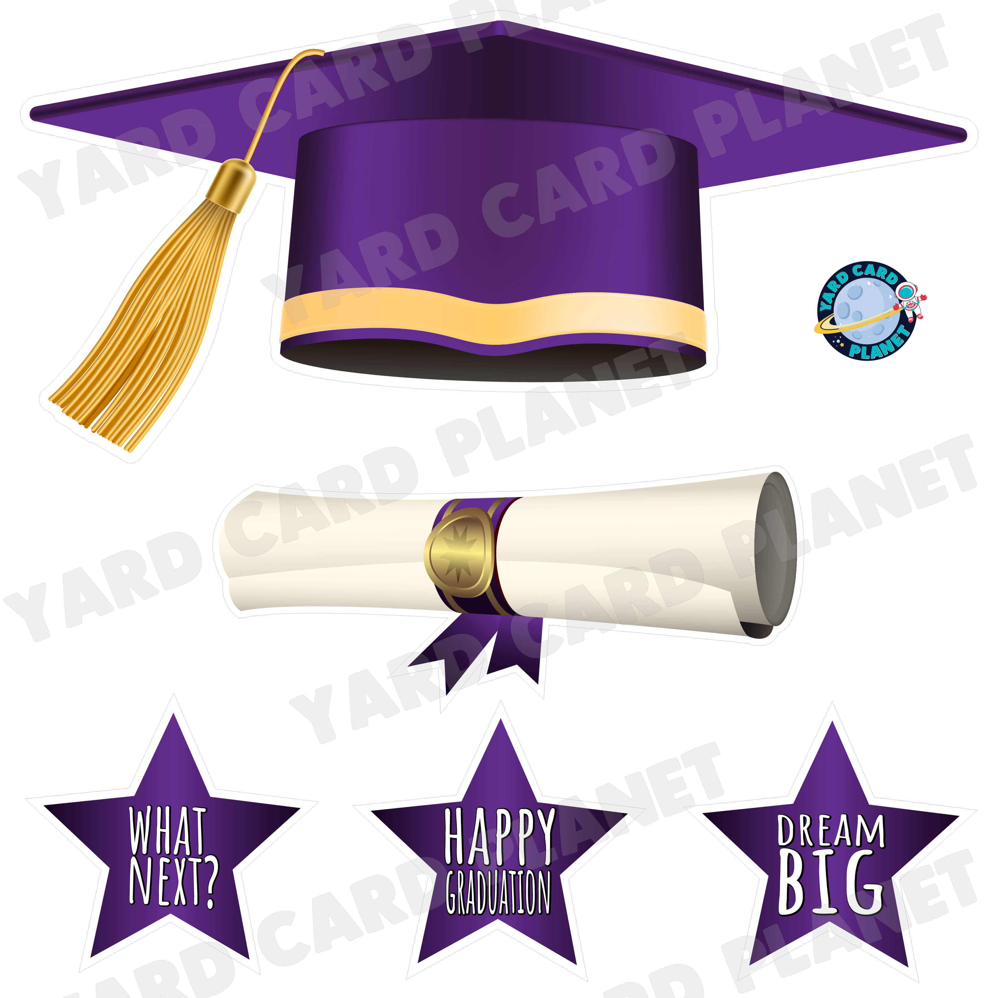 Extra Large Purple Graduation Cap, Diploma and Signs Half Sheet Yard Card Flair Set