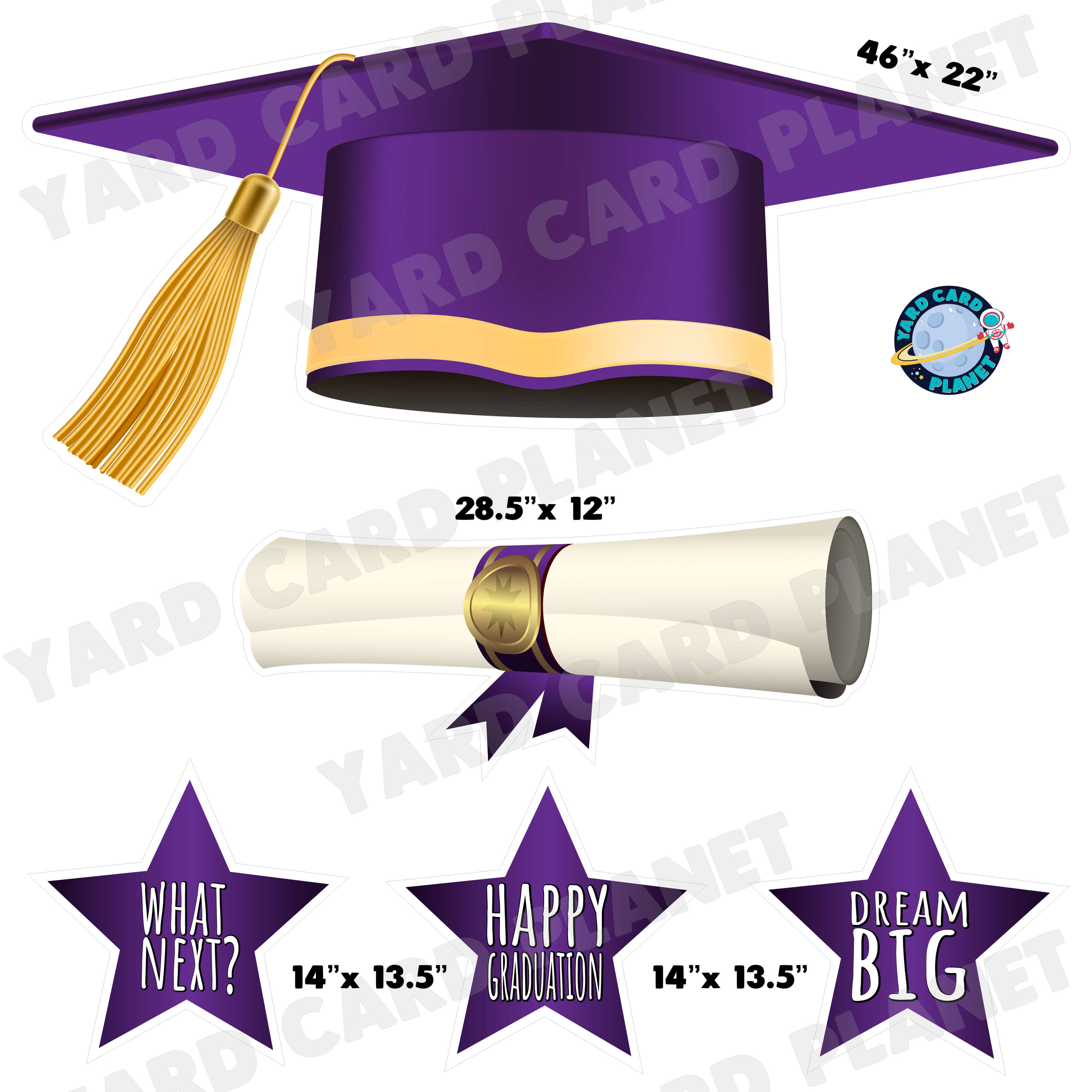 Extra Large Purple Graduation Cap, Diploma and Signs Half Sheet Yard Card Flair Set