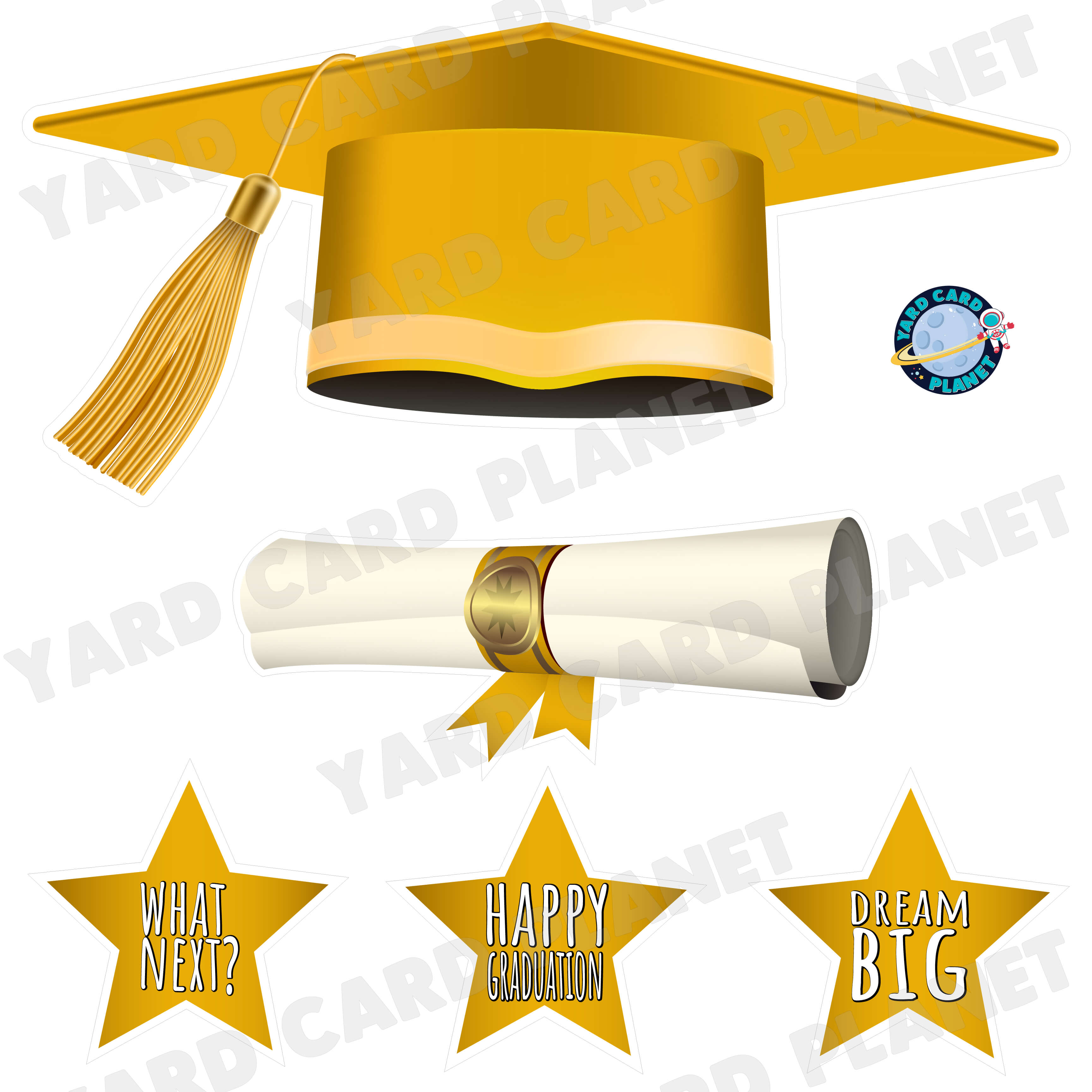 Extra Large Gold Graduation Cap, Diploma and Signs Half Sheet Yard Card Flair Set