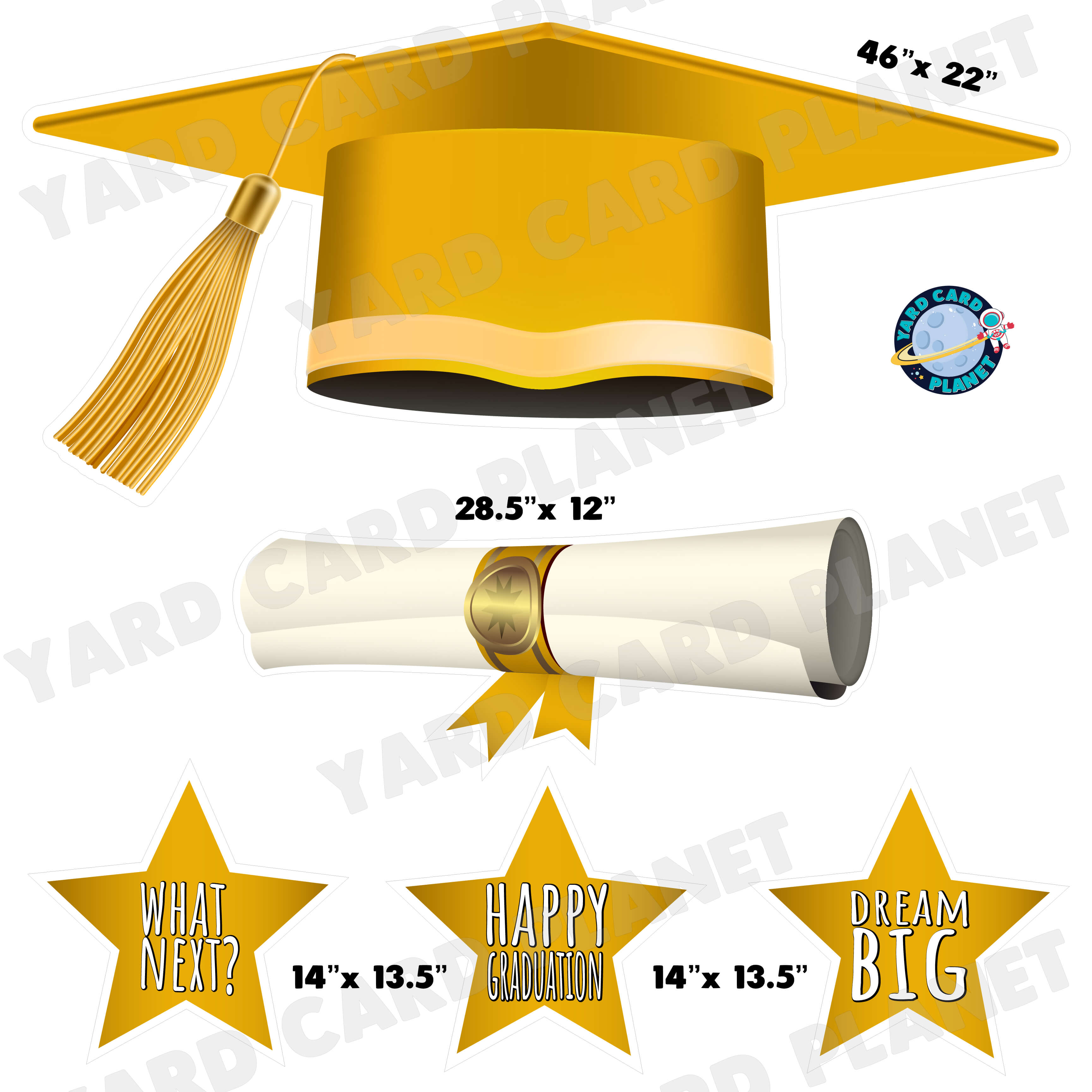 Extra Large Gold Graduation Cap, Diploma and Signs Half Sheet Yard Card Flair Set