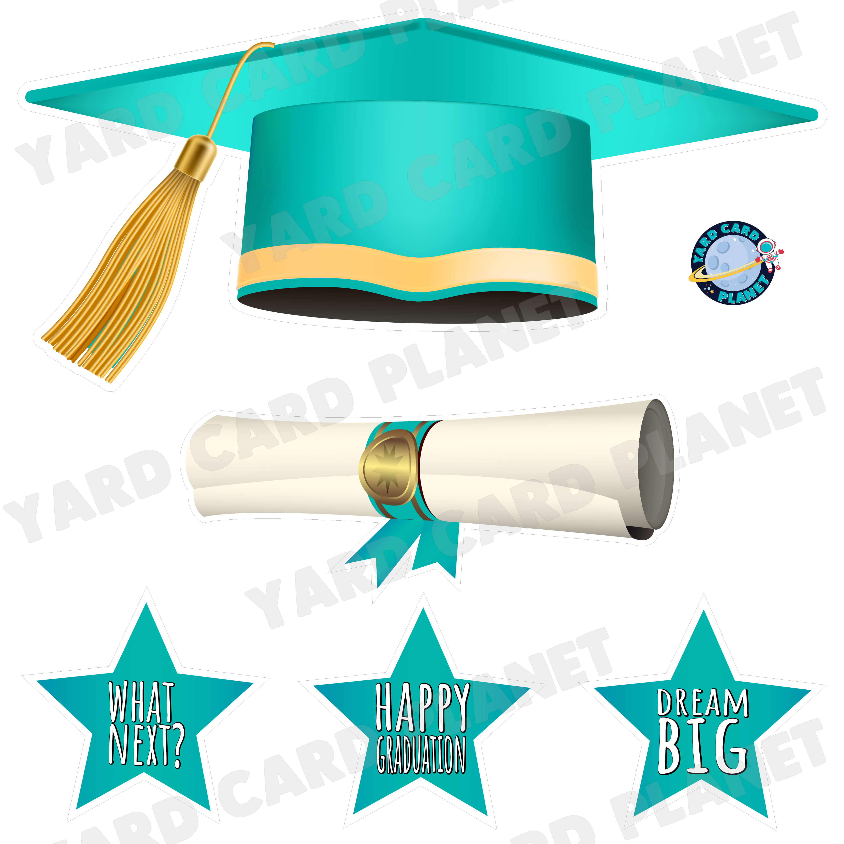 Extra Large Teal Graduation Cap, Diploma and Signs Half Sheet Yard Card Flair Set