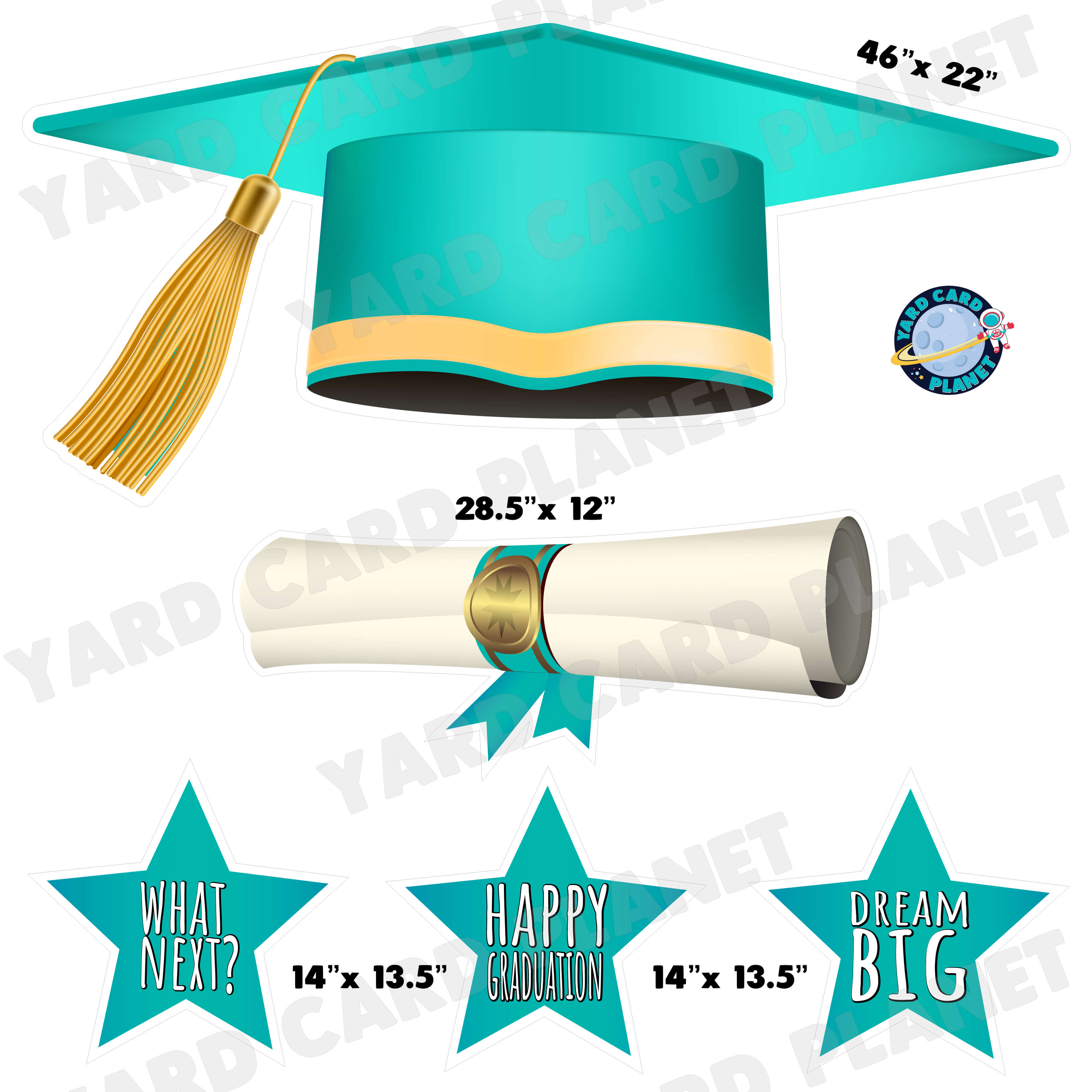 Extra Large Teal Graduation Cap, Diploma and Signs Half Sheet Yard Card Flair Set