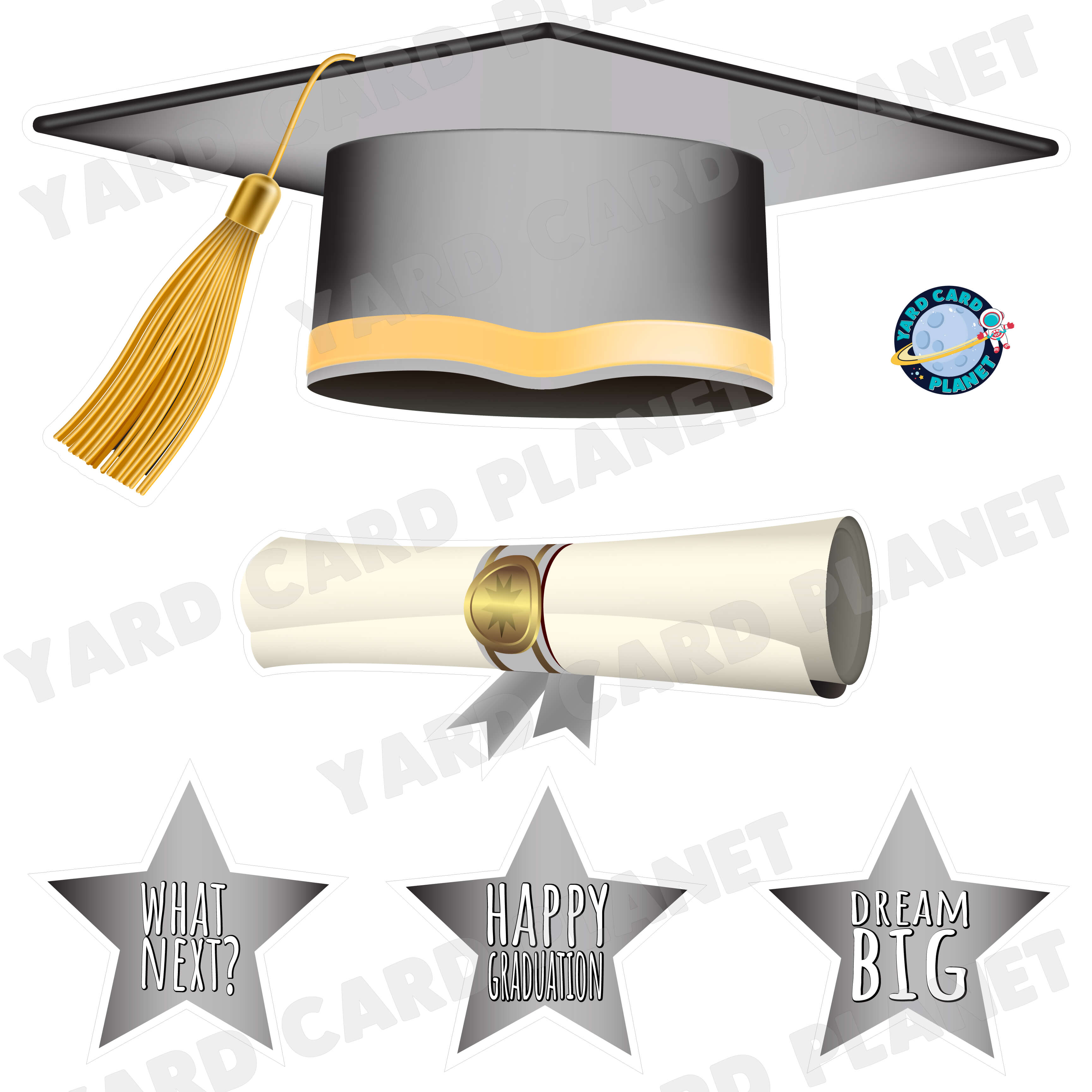 Extra Large Grey Graduation Cap, Diploma and Signs Half Sheet Yard Card Flair Set