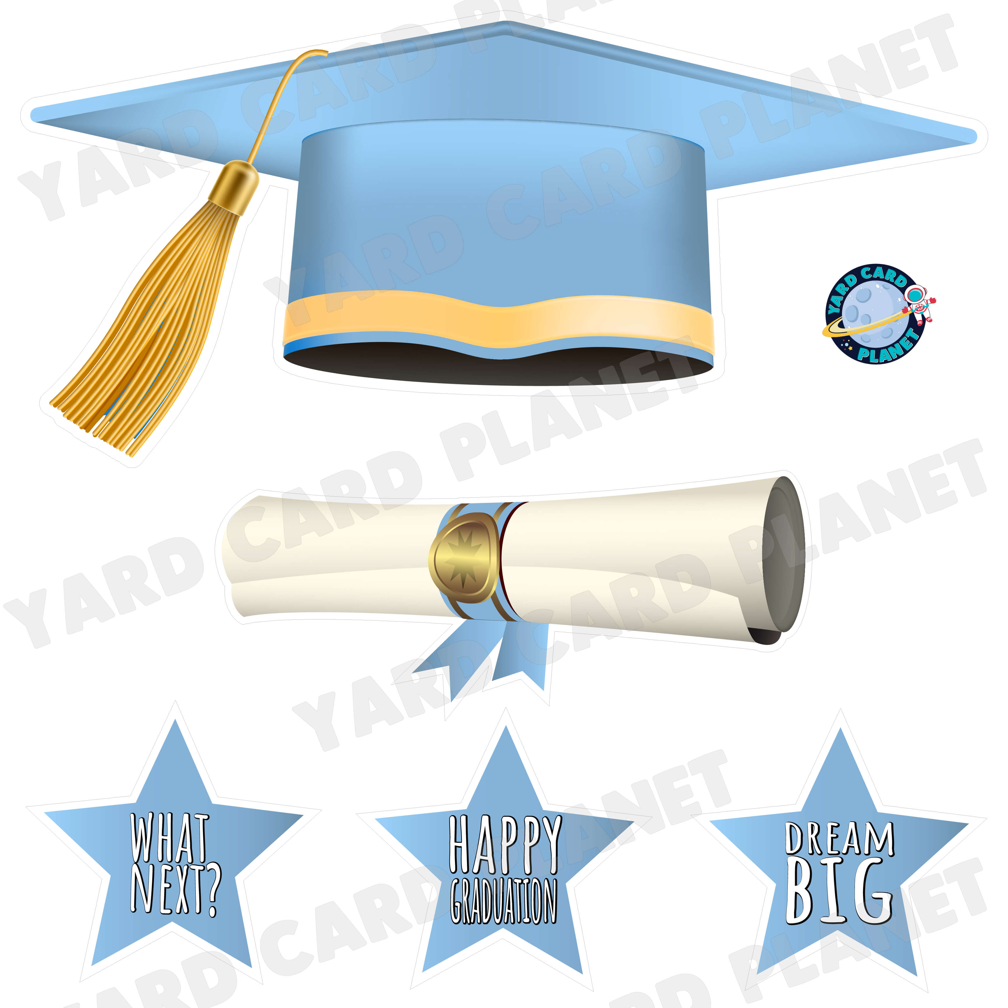 Extra Large Baby Blue Graduation Cap, Diploma and Signs Half Sheet Yard Card Flair Set