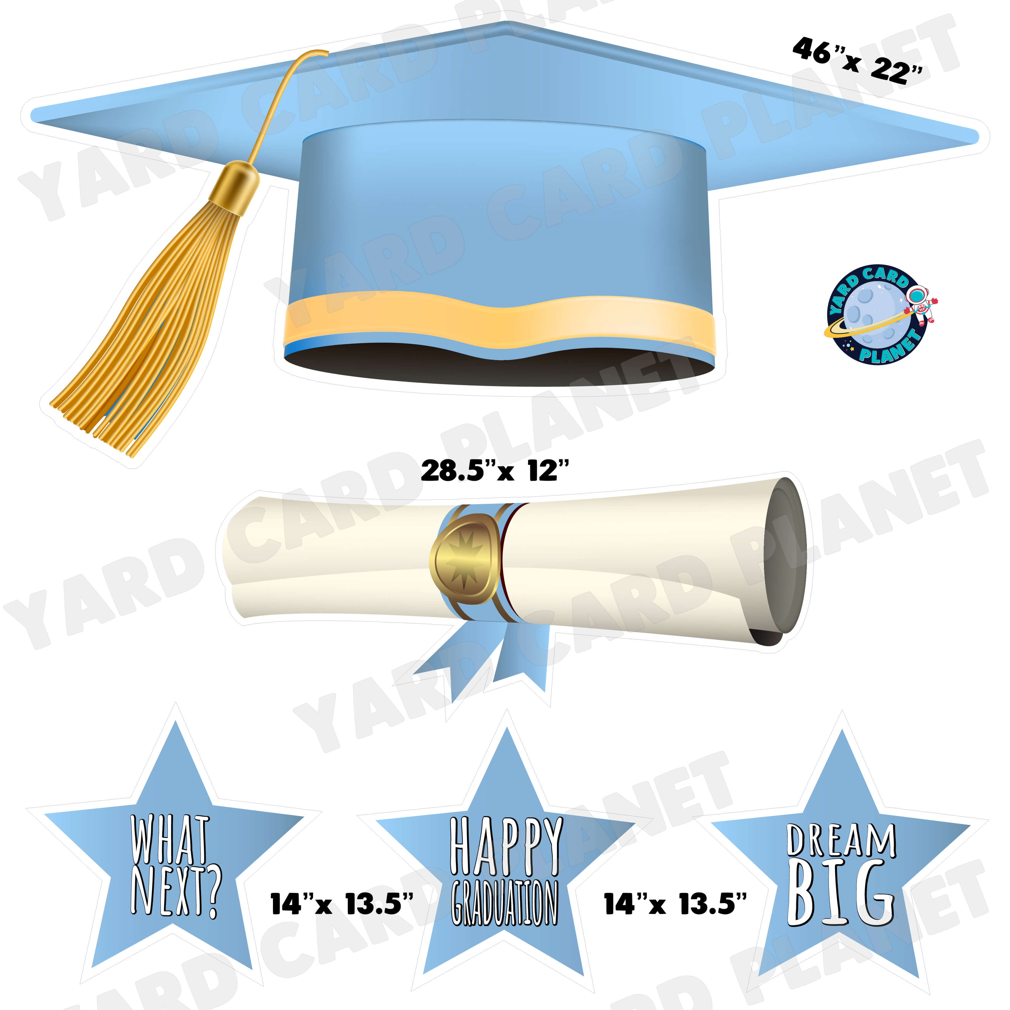 Extra Large Baby Blue Graduation Cap, Diploma and Signs Half Sheet Yard Card Flair Set