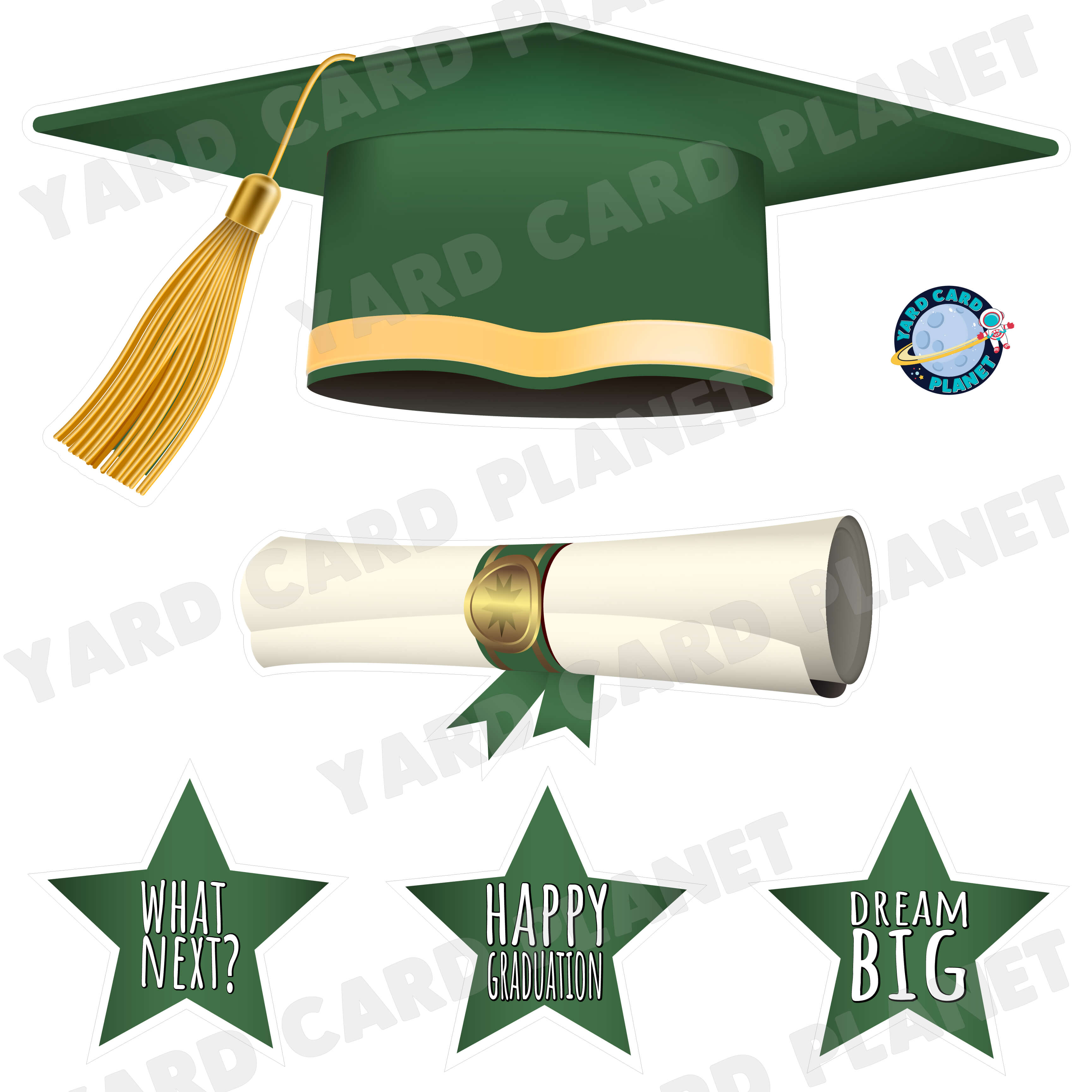 Extra Large Hunter Green Graduation Cap, Diploma and Signs Half Sheet Yard Card Flair Set