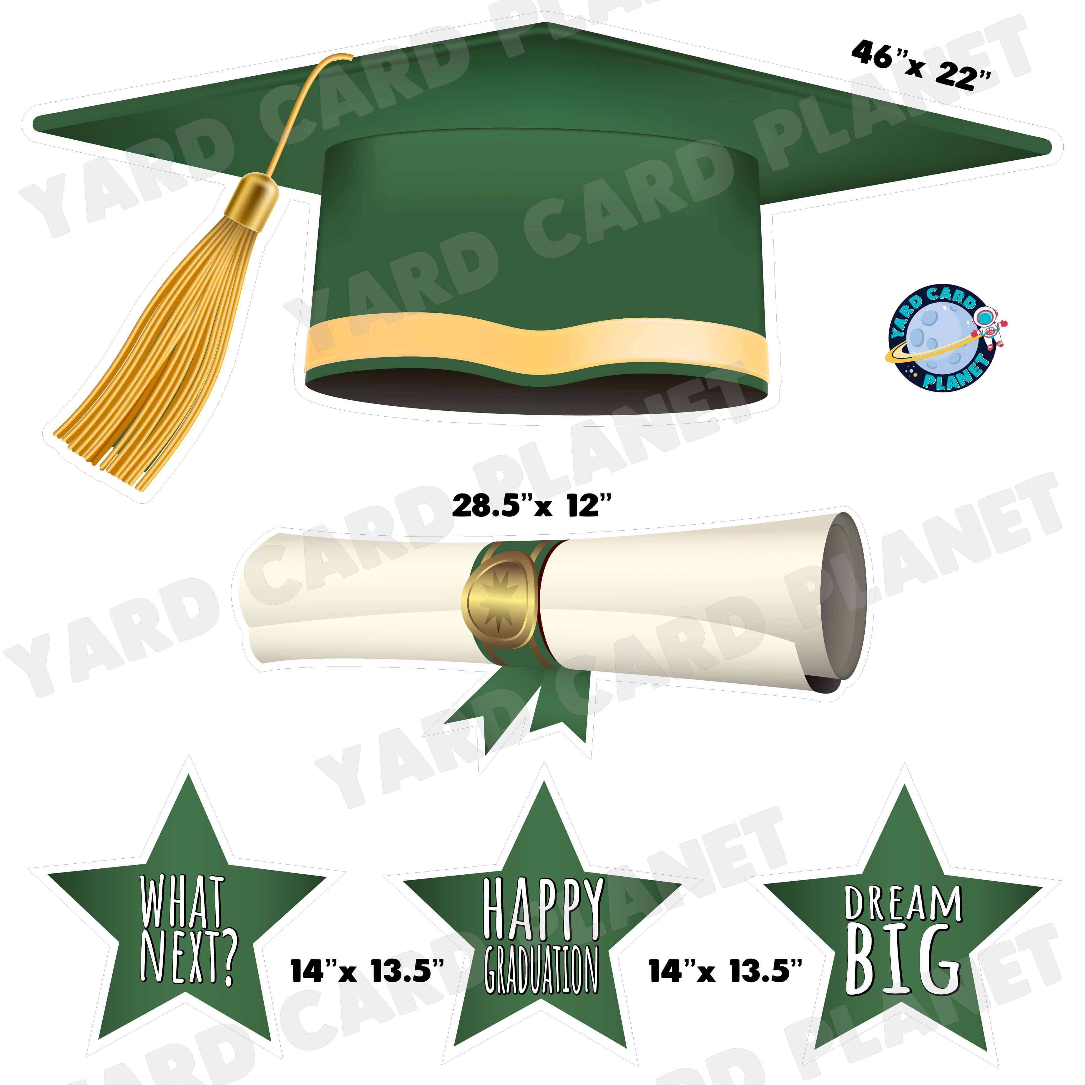 Extra Large Hunter Green Graduation Cap, Diploma and Signs Half Sheet Yard Card Flair Set