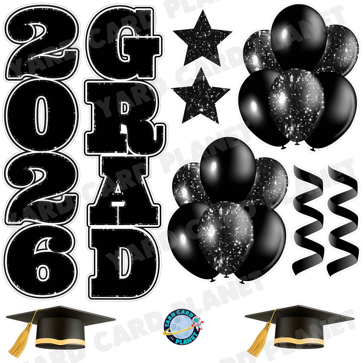 Black Solid and Sequin Pattern 2026 Grad EZ Quick Vertical Towers and Matching Flair Half Sheet Yard Card Flair Set