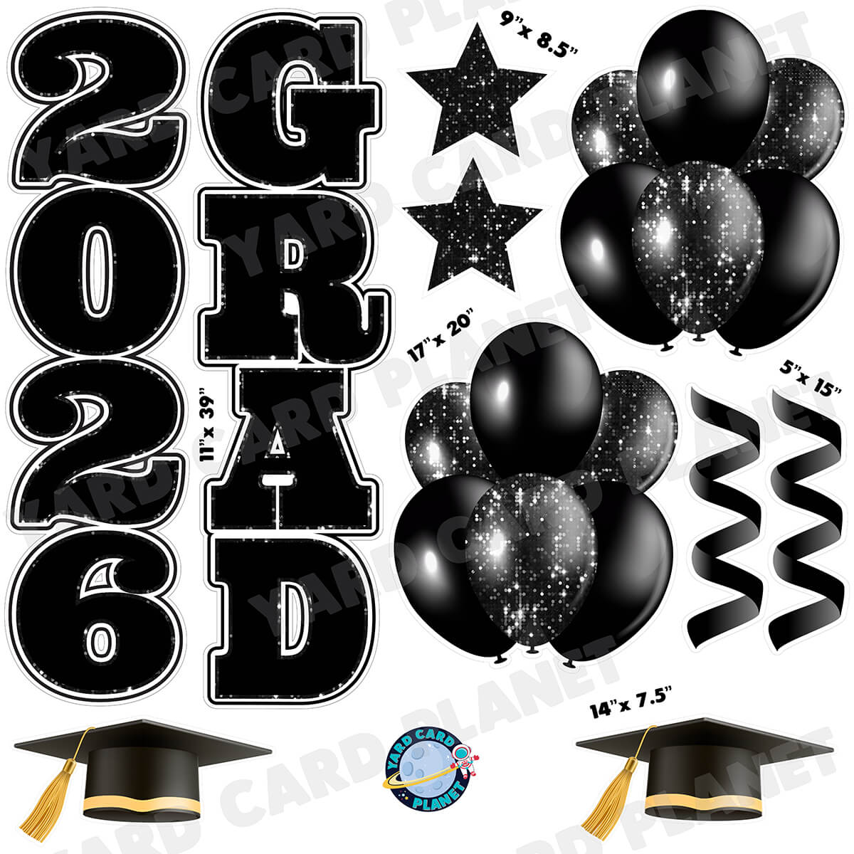 Black Solid and Sequin Pattern 2026 Grad EZ Quick Vertical Towers and Matching Flair Half Sheet Yard Card Flair Set