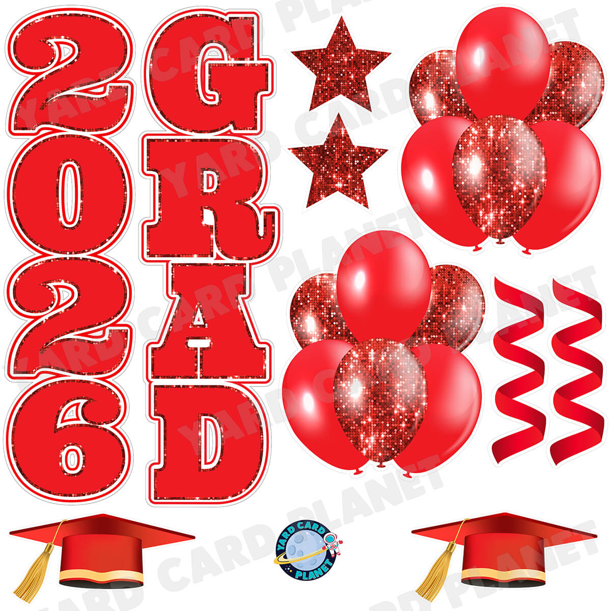Red Solid and Sequin Pattern 2026 Grad EZ Quick Vertical Towers and Matching Flair Half Sheet Yard Card Flair Set