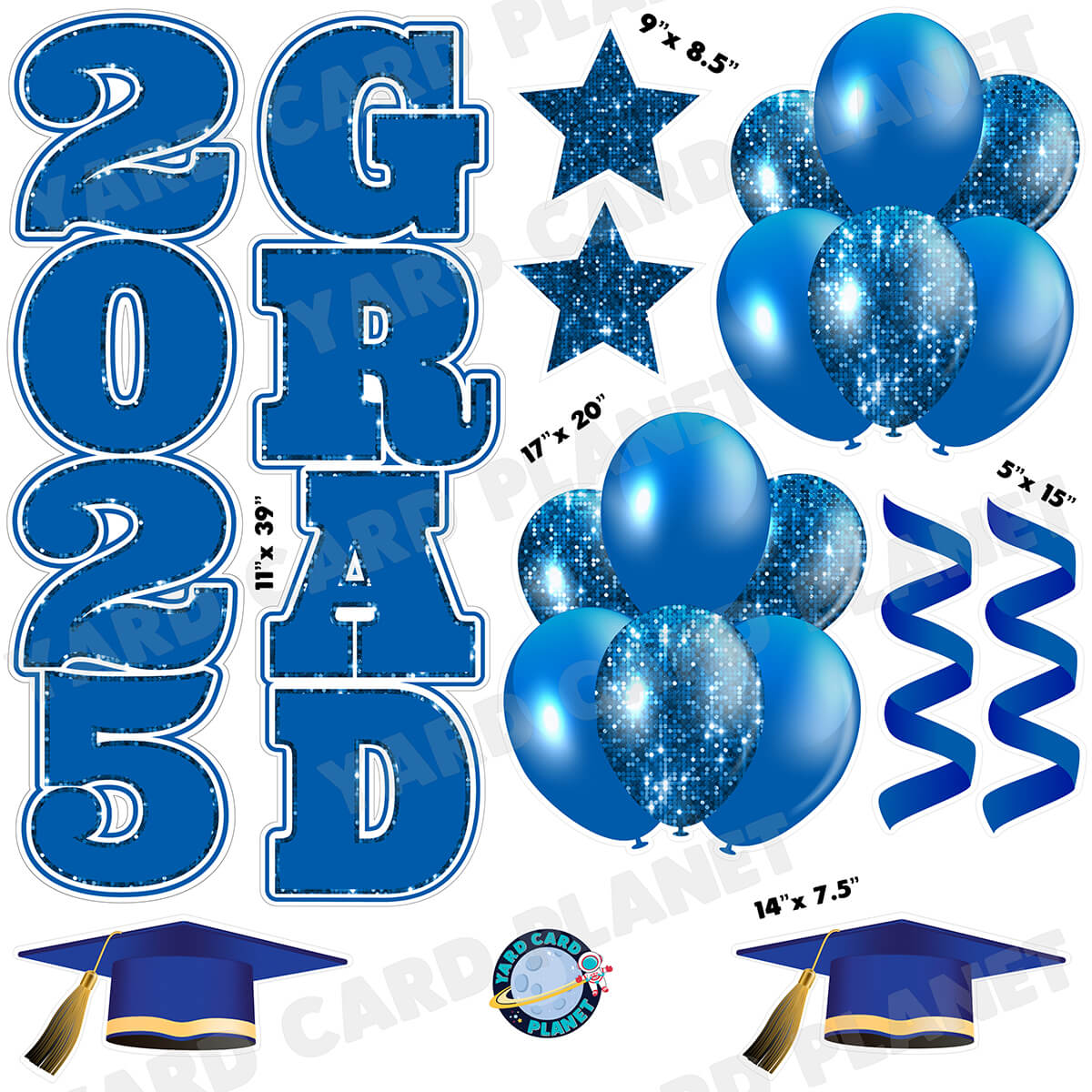 Blue Solid and Sequin Pattern 2025 Grad EZ Quick Vertical Towers and Matching Flair Half Sheet Yard Card Flair Set