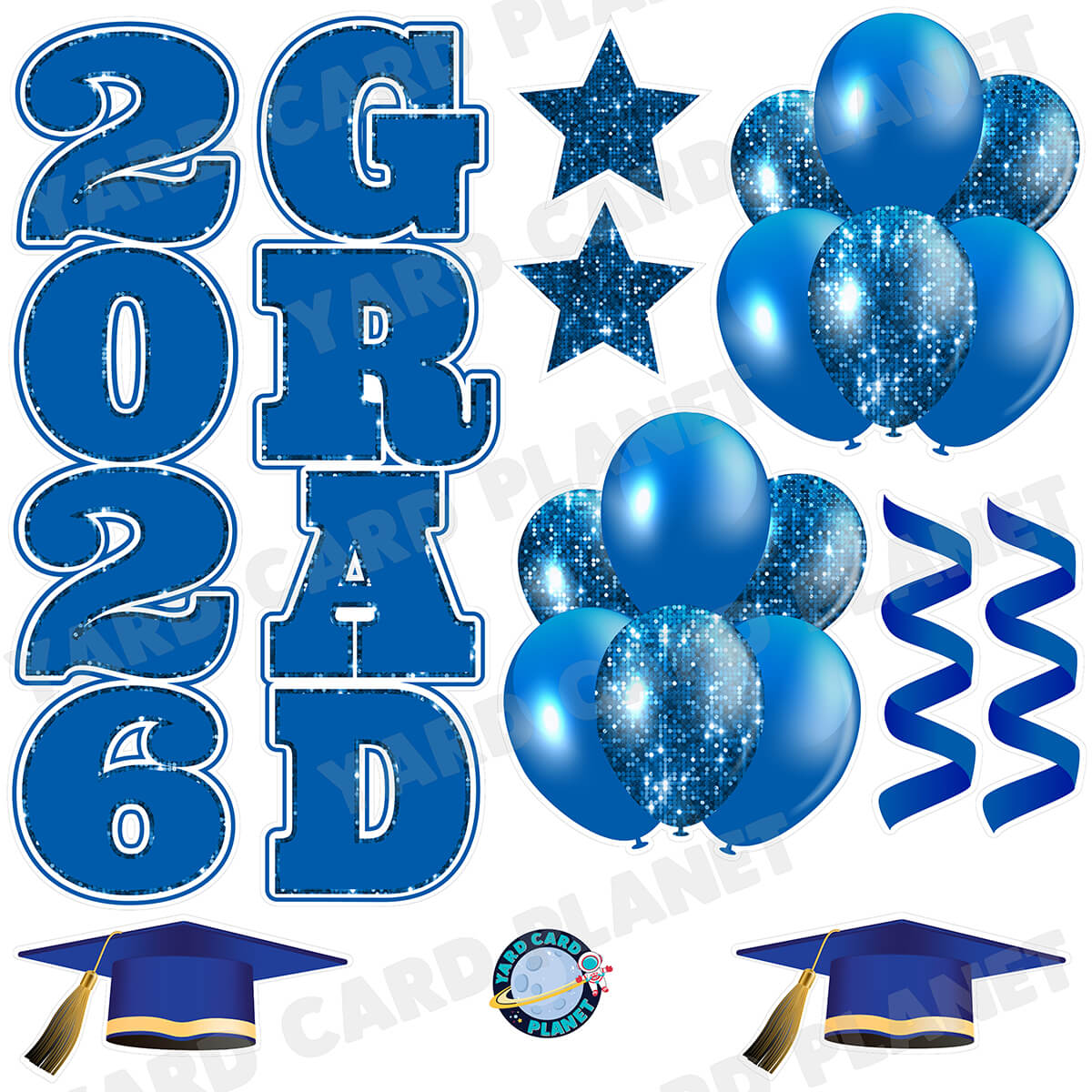 Blue Solid and Sequin Pattern 2026 Grad EZ Quick Vertical Towers and Matching Flair Half Sheet Yard Card Flair Set