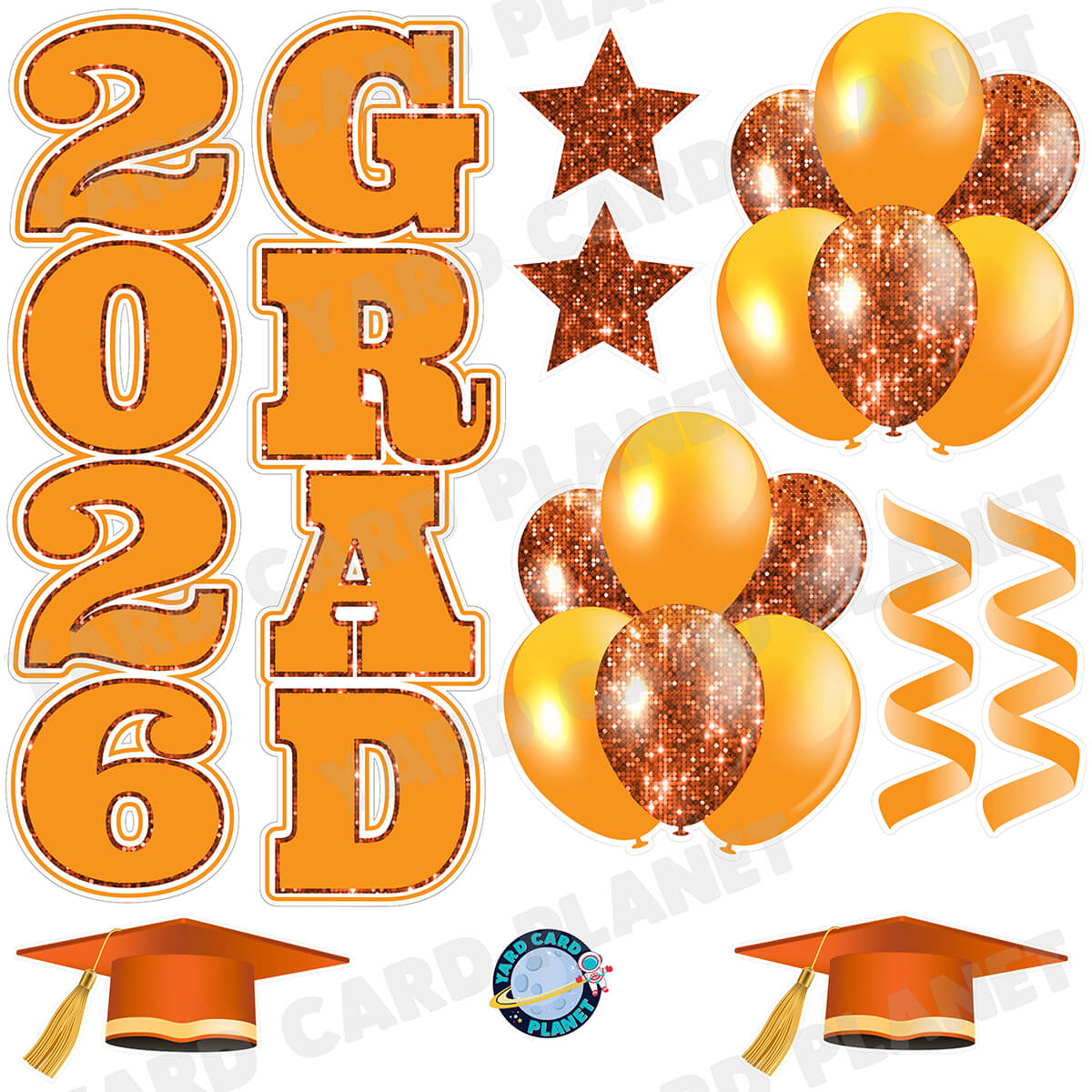 Orange Solid and Sequin Pattern 2026 Grad EZ Quick Vertical Towers and Matching Flair Half Sheet Yard Card Flair Set