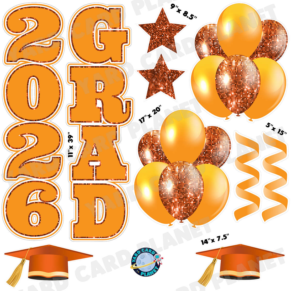 Orange Solid and Sequin Pattern 2026 Grad EZ Quick Vertical Towers and Matching Flair Half Sheet Yard Card Flair Set