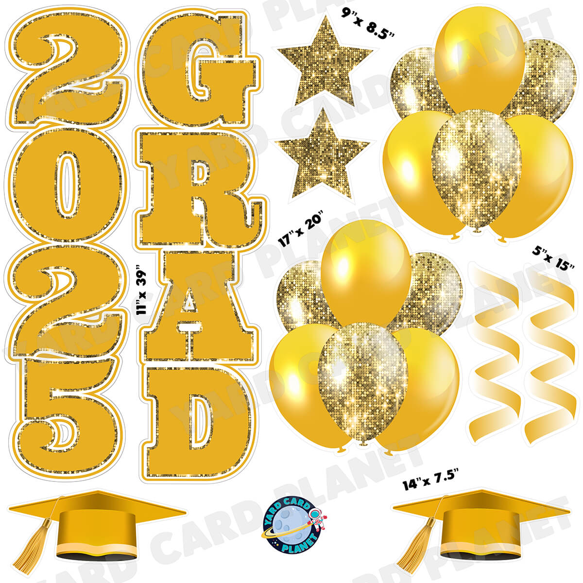 Gold Solid and Sequin Pattern 2025 Grad EZ Quick Vertical Towers and Matching Flair Half Sheet Yard Card Flair Set