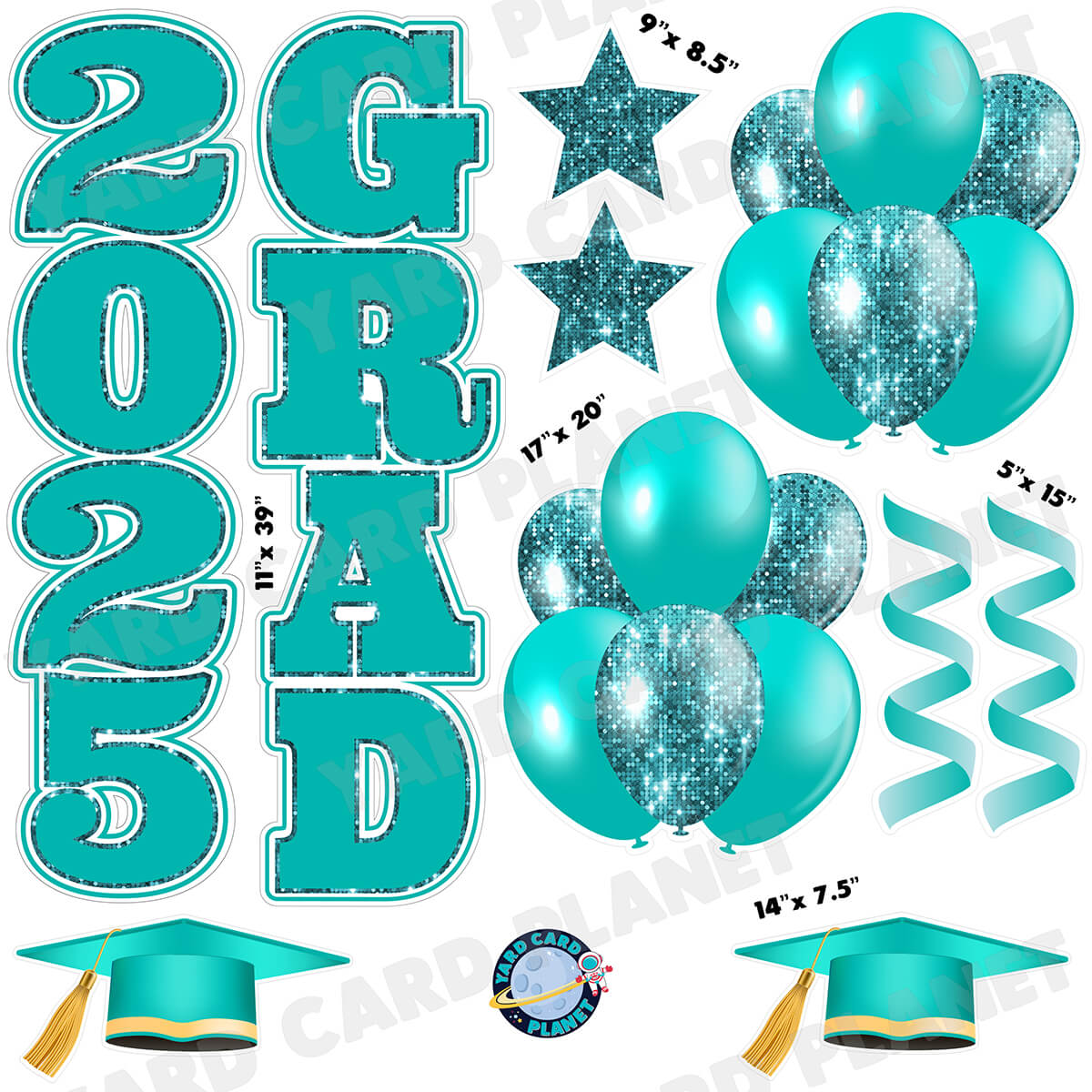 Teal Solid and Sequin Pattern 2025 Grad EZ Quick Vertical Towers and Matching Flair Half Sheet Yard Card Flair Set
