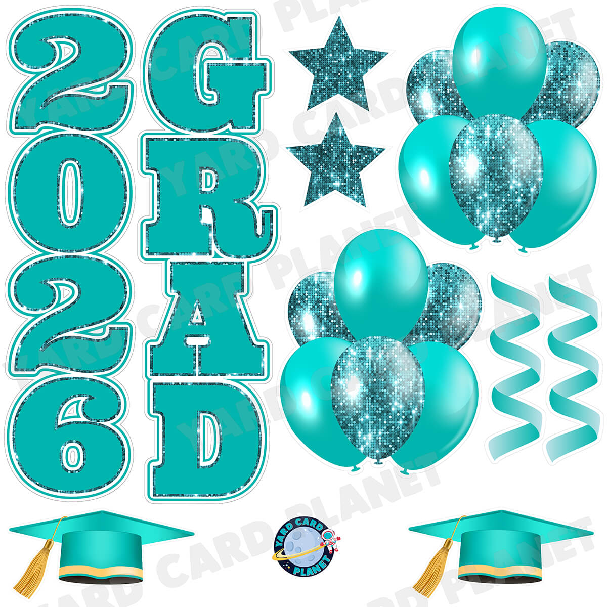 Teal Solid and Sequin Pattern 2026 Grad EZ Quick Vertical Towers and Matching Flair Half Sheet Yard Card Flair Set