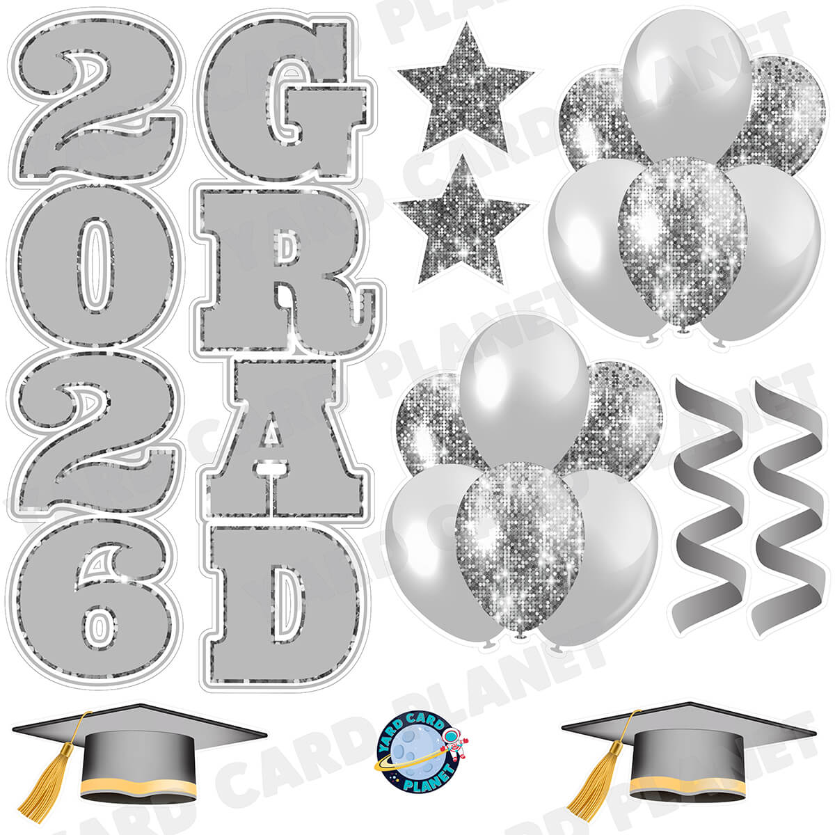 Silver Solid and Sequin Pattern 2026 Grad EZ Quick Vertical Towers and Matching Flair Half Sheet Yard Card Flair Set