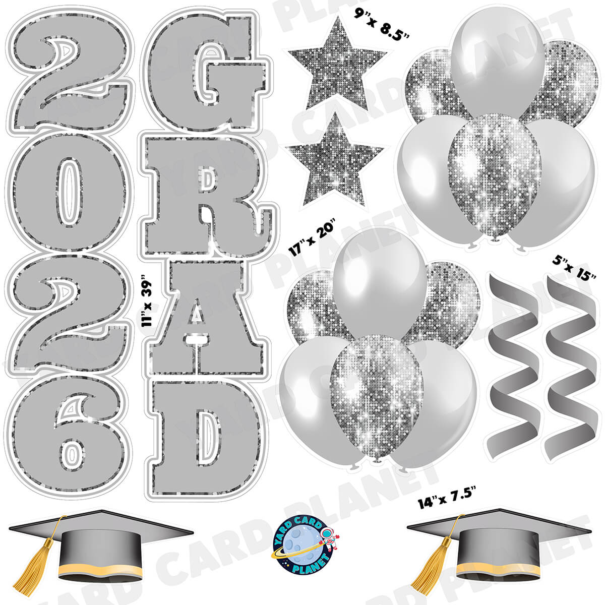Silver Solid and Sequin Pattern 2026 Grad EZ Quick Vertical Towers and Matching Flair Half Sheet Yard Card Flair Set
