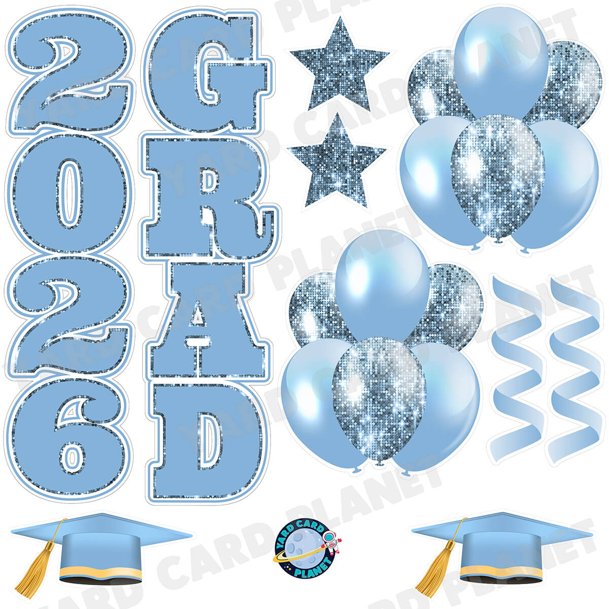 Baby Blue Solid and Sequin Pattern 2026 Grad EZ Quick Vertical Towers and Matching Flair Half Sheet Yard Card Flair Set