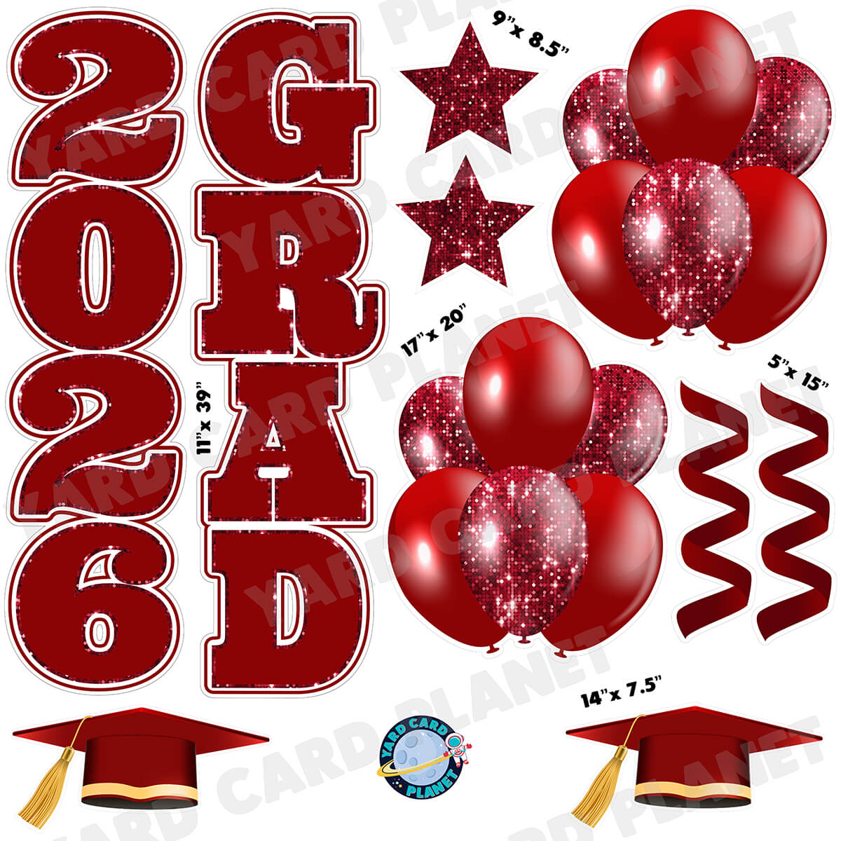Maroon Solid and Sequin Pattern 2026 Grad EZ Quick Vertical Towers and Matching Flair Half Sheet Yard Card Flair Set