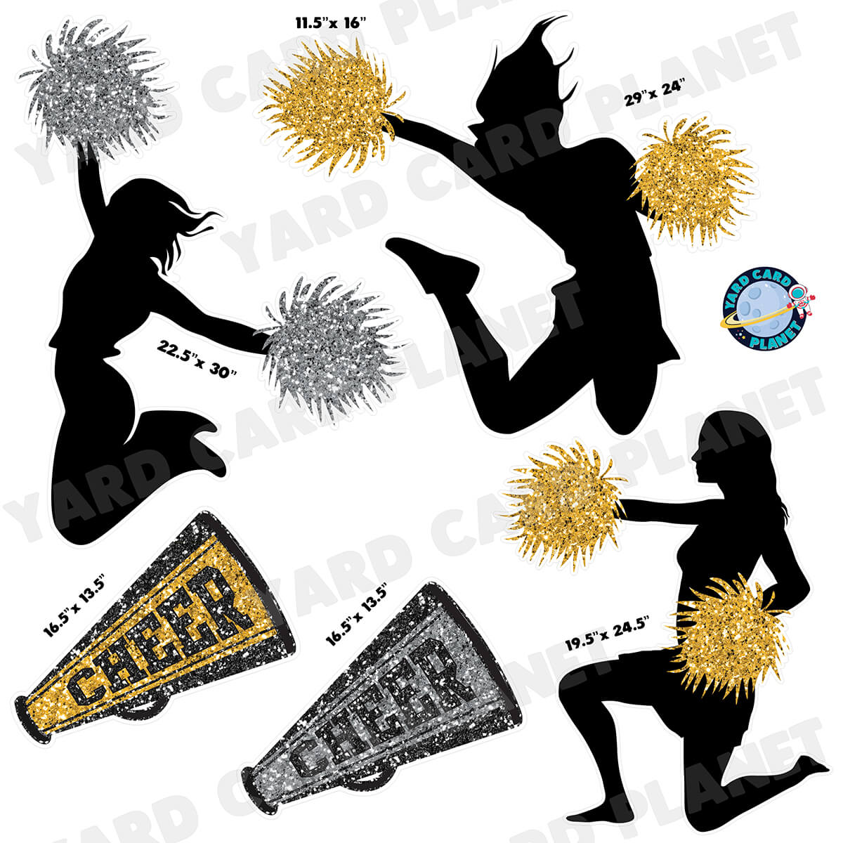 Cheerleading Glittered and Silhouette Half Sheet Yard Card Flair Set