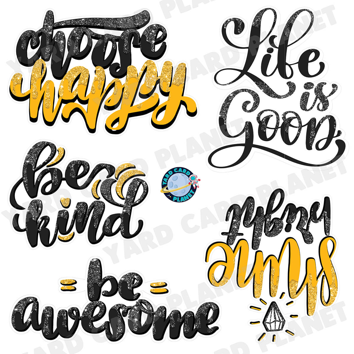 Gold and Black Drip Glitter Motivational Sayings Half Sheet Yard Card Flair Set