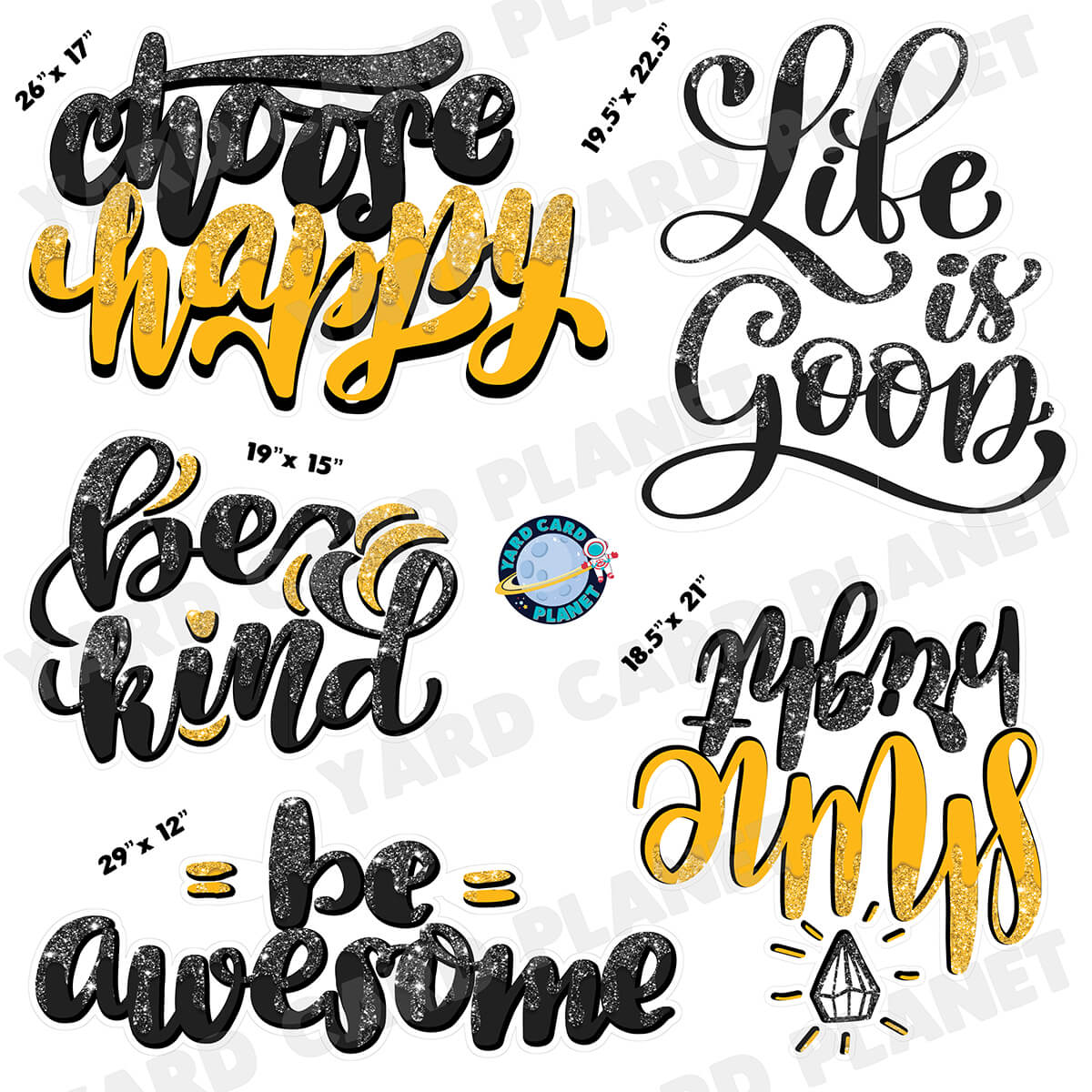Gold and Black Drip Glitter Motivational Sayings Half Sheet Yard Card Flair Set