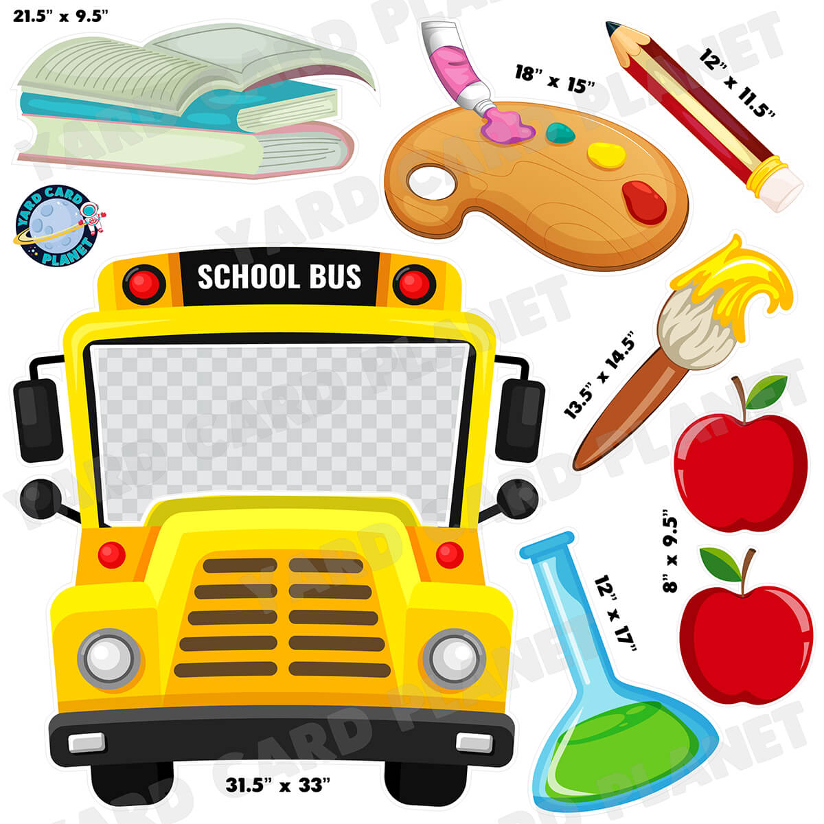 School Bus EZ Quick Frame and School Supplies Half Sheet Yard Card Flair Set
