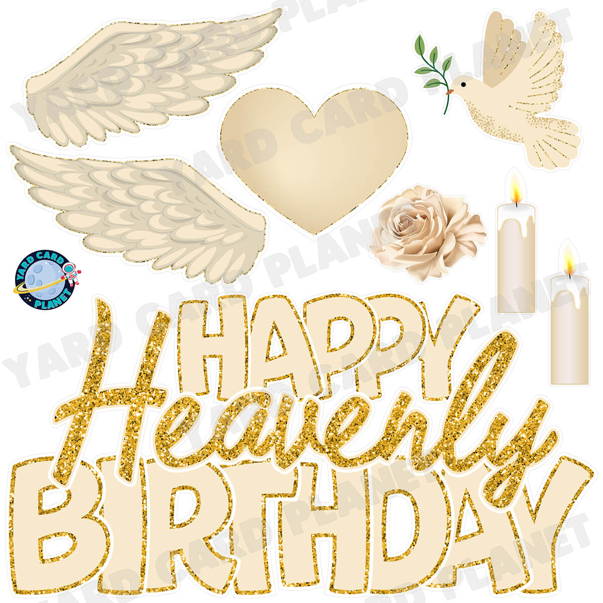 Gold Glitter Pattern Happy Heavenly Birthday Half Sheet EZ Quick Sign and Yard Card Flair Set