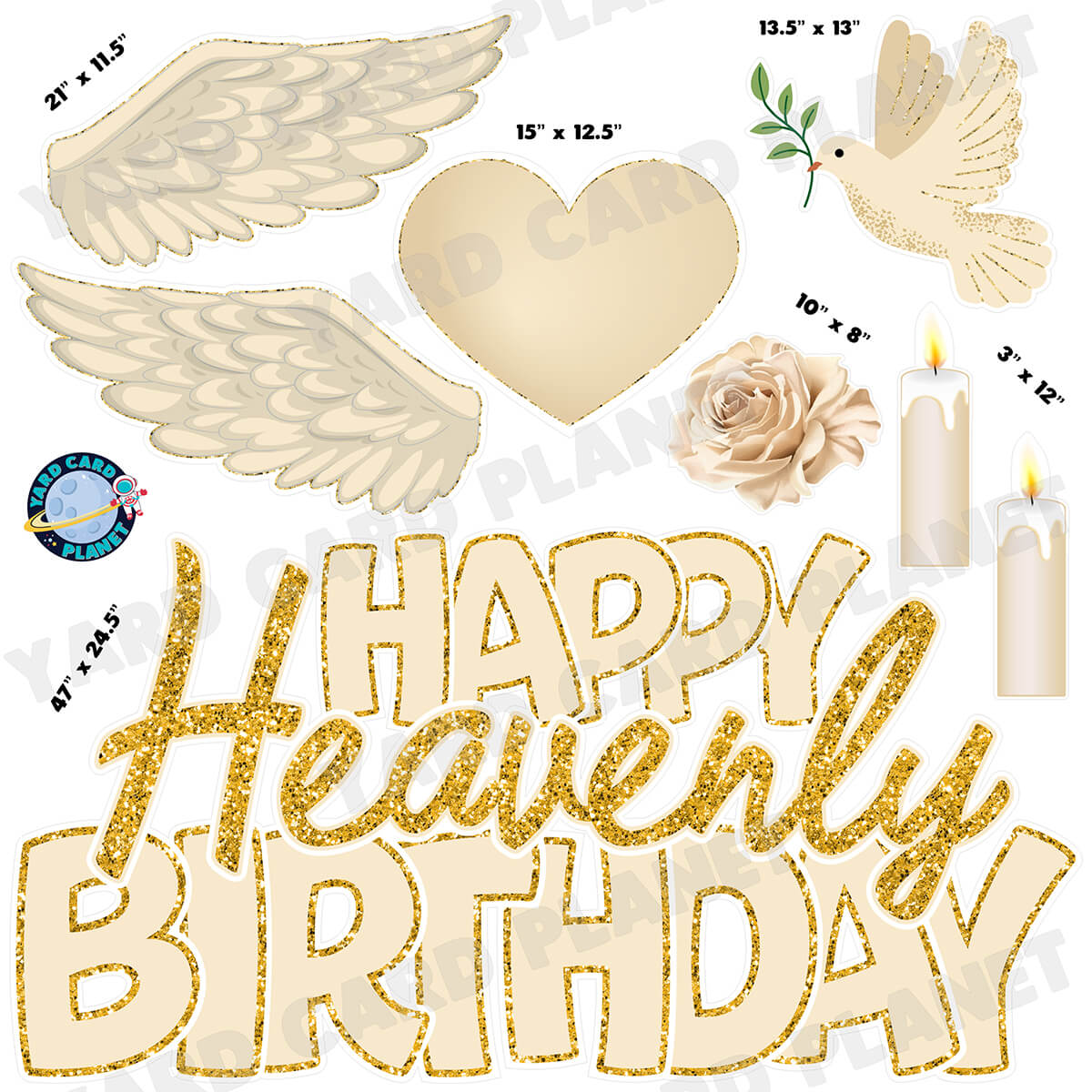 Gold Glitter Pattern Happy Heavenly Birthday Half Sheet EZ Quick Sign and Yard Card Flair Set