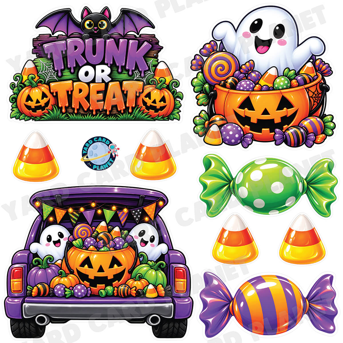 Halloween Trunk Or Treat Sweets Half Sheet Yard Card Flair Set