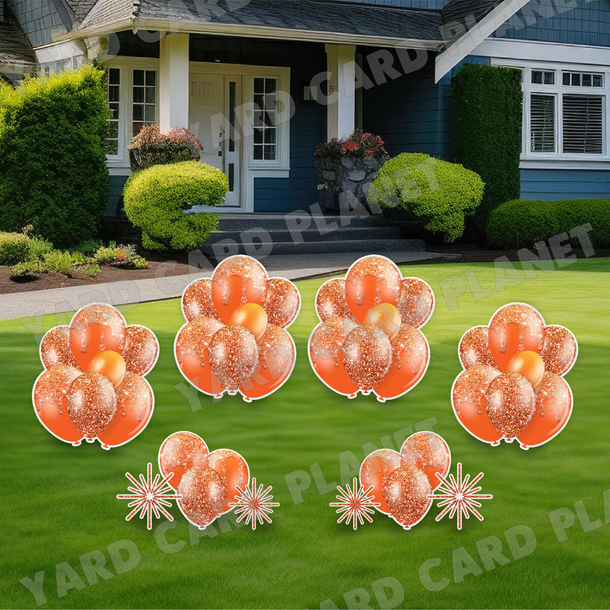 Orange Glitter Balloon Bouquets and Starbursts Yard Card Set