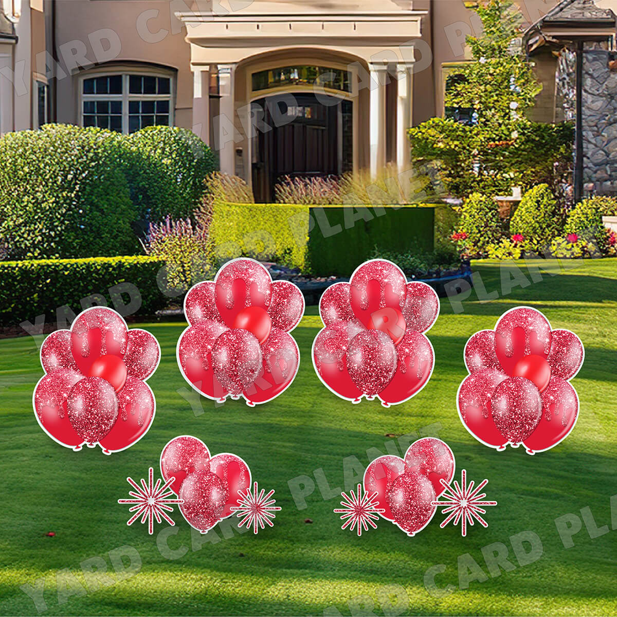 Red Glitter Balloon Bouquets and Starbursts Yard Card Set