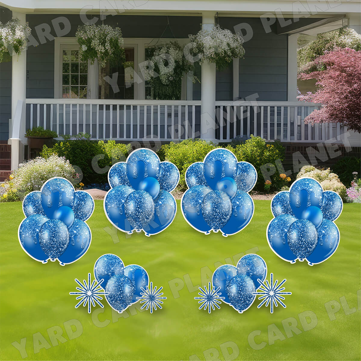 Blue Glitter Balloon Bouquets and Starbursts Yard Card Set