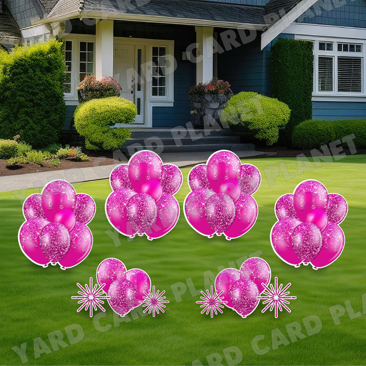 Hot Pink Glitter Balloon Bouquets and Starbursts Yard Card Set