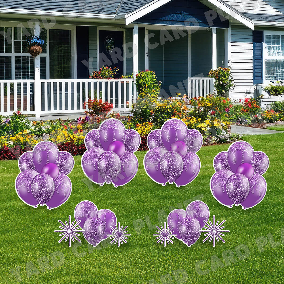 Purple Glitter Balloon Bouquets and Starbursts Yard Card Set