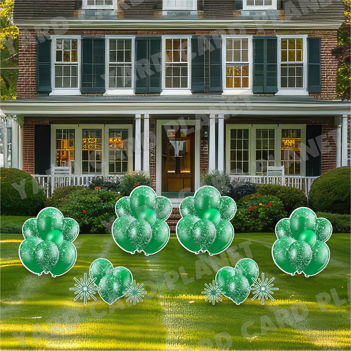 Green Glitter Balloon Bouquets and Starbursts Yard Card Set