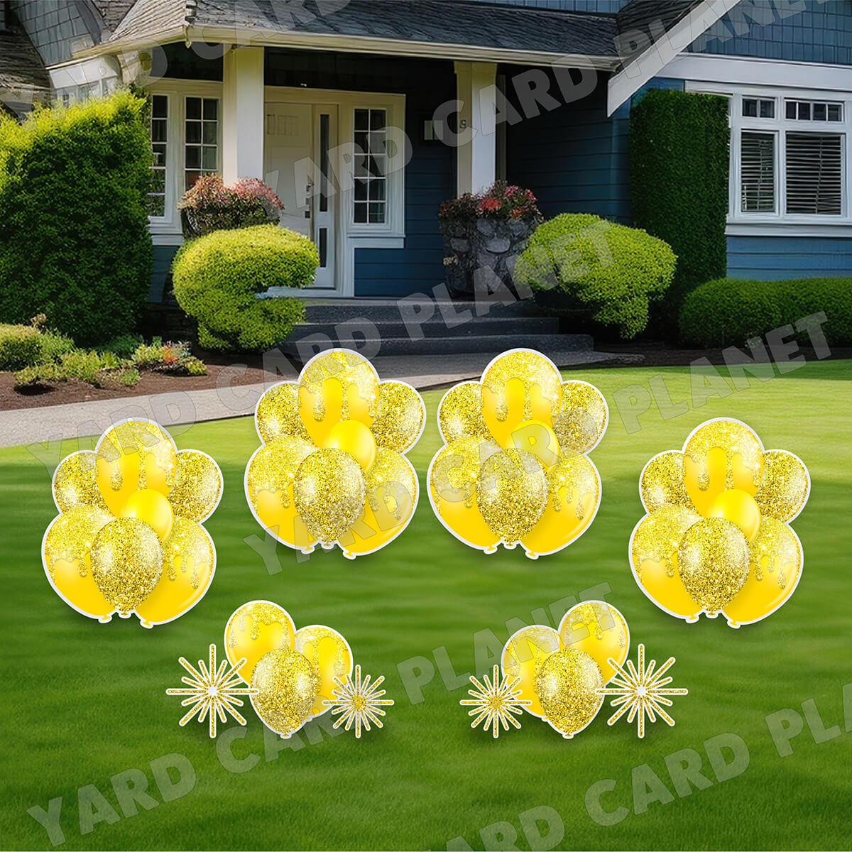 Yellow Glitter Balloon Bouquets and Starbursts Yard Card Set