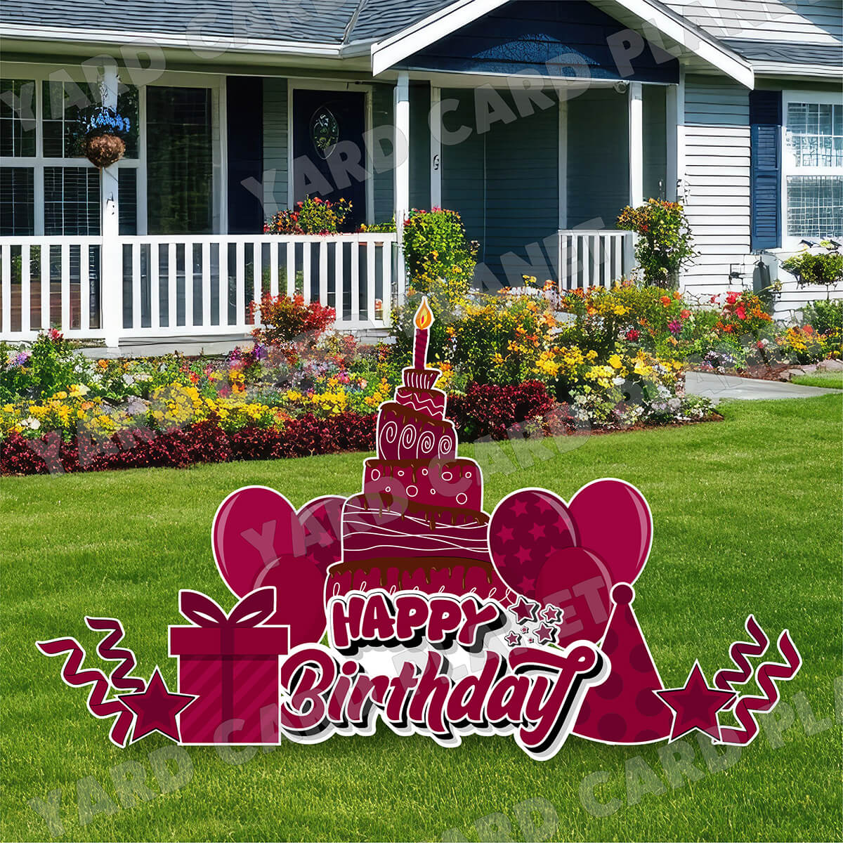 Maroon Happy Birthday EZ Quick Sign and Birthday Essentials Yard Card Flair Set