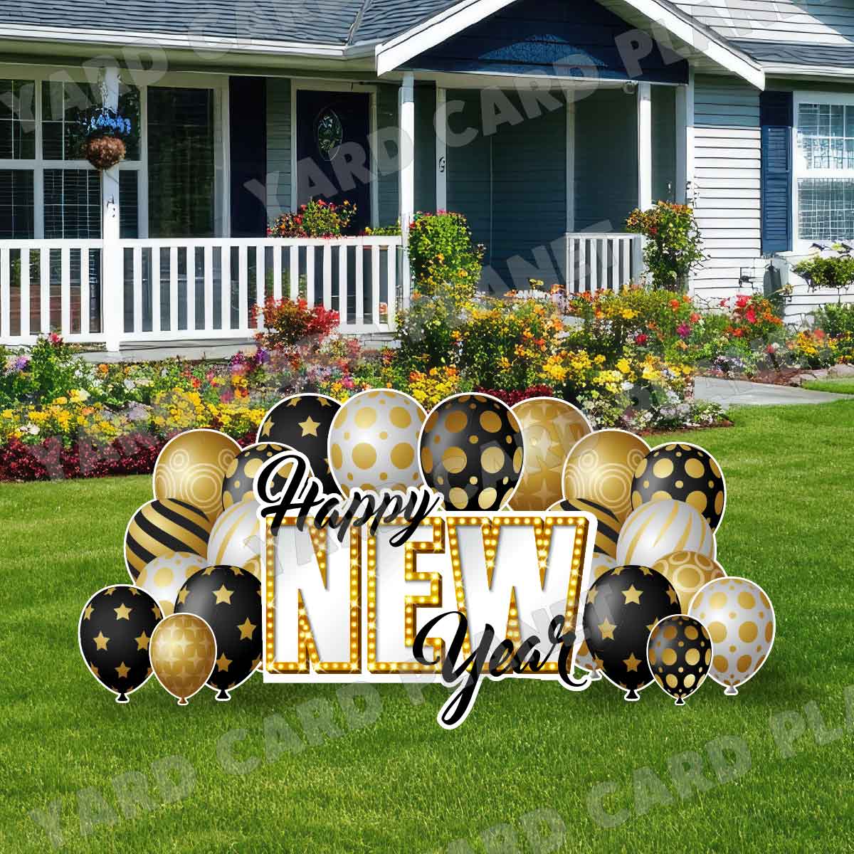 Happy New Year EZ Quick Sign with Black, Gold and Silver Elegant Metallic Balloon Bouquets and Singles Yard Card Set