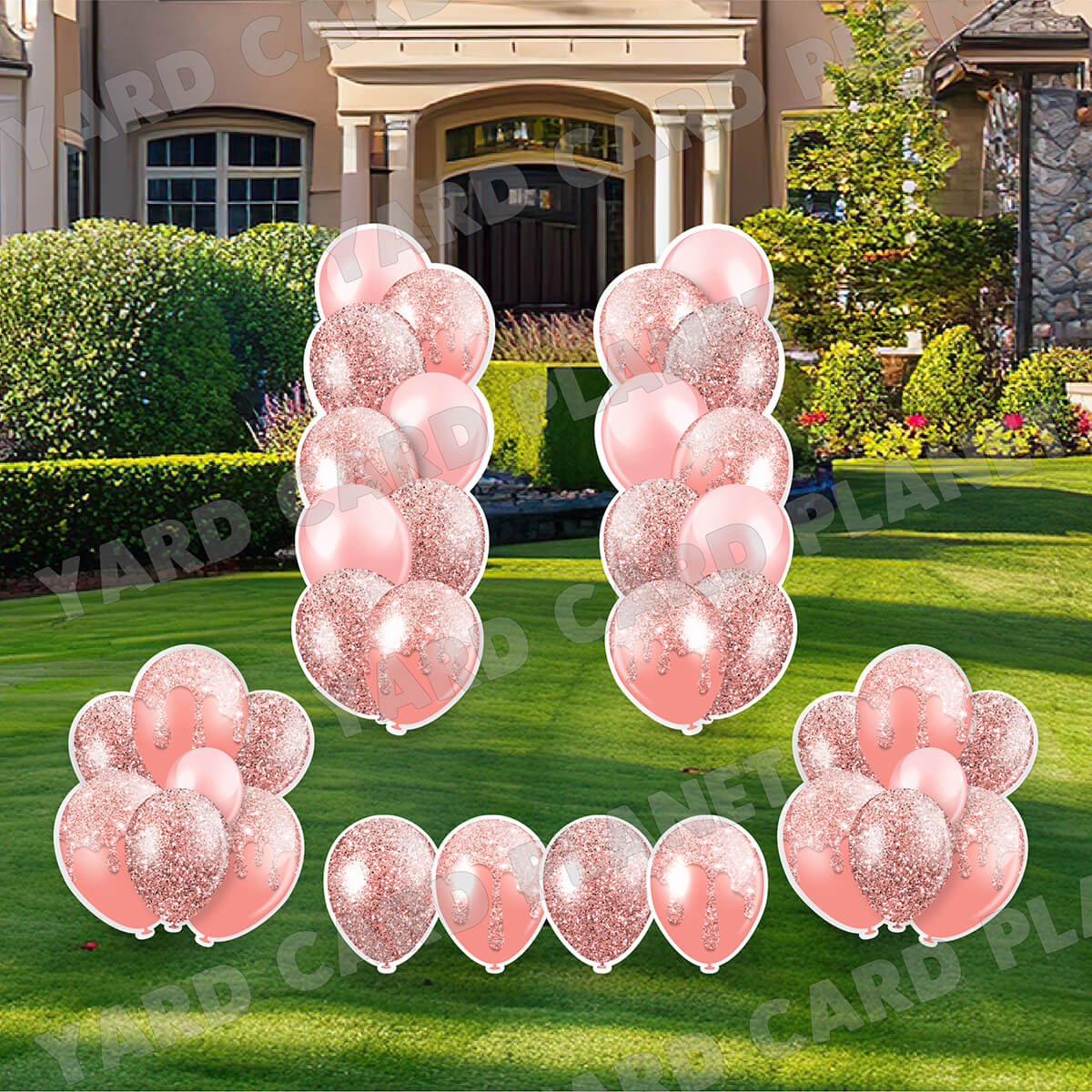 Rose Gold Glitter Balloon Towers, Bouquets and Singles Yard Card Set